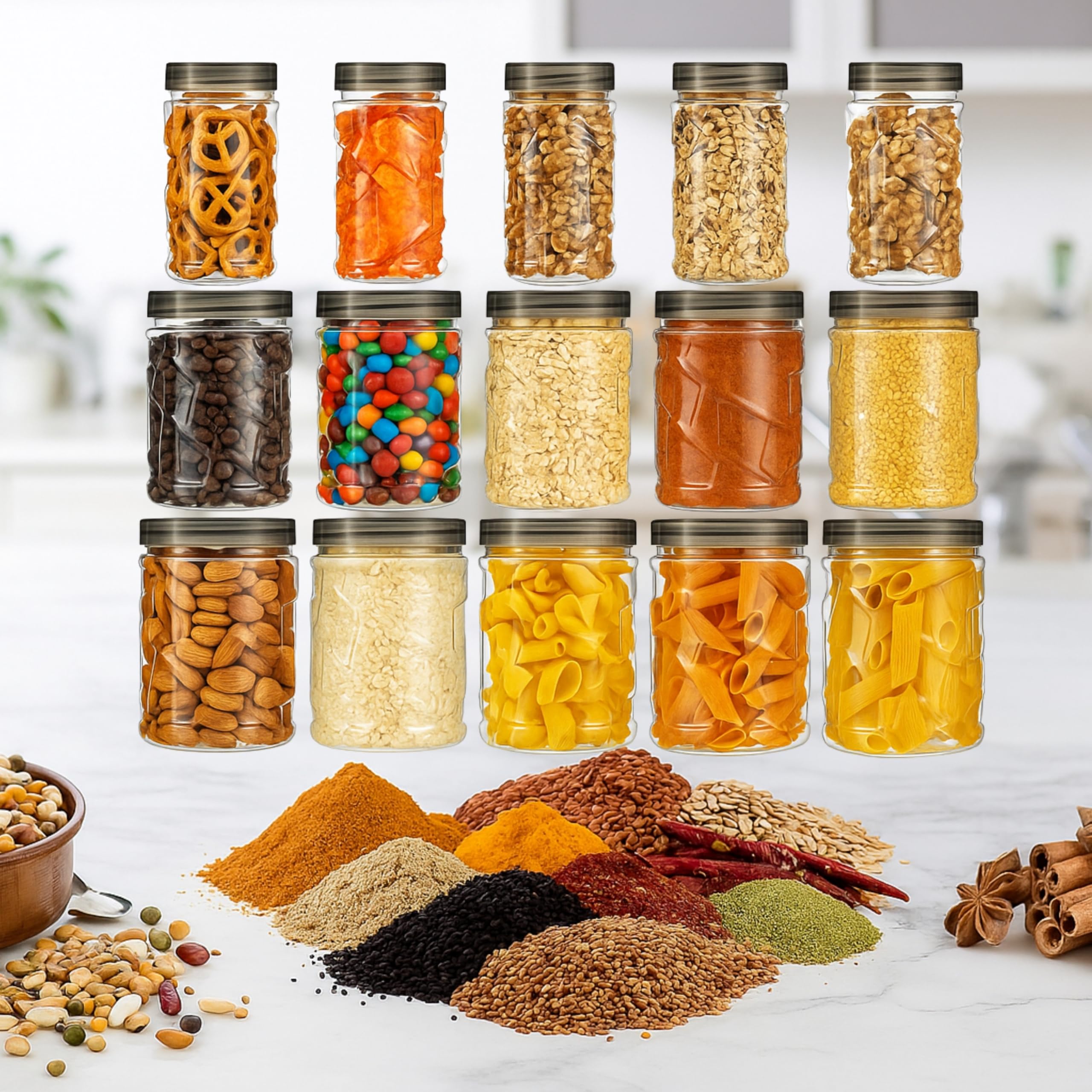 Amazon Brand - Solimo 18-Piece Airtight Food Storage Container Set | Stackable Bpa-Free Plastic Jars With Black Caps (280Ml, 500