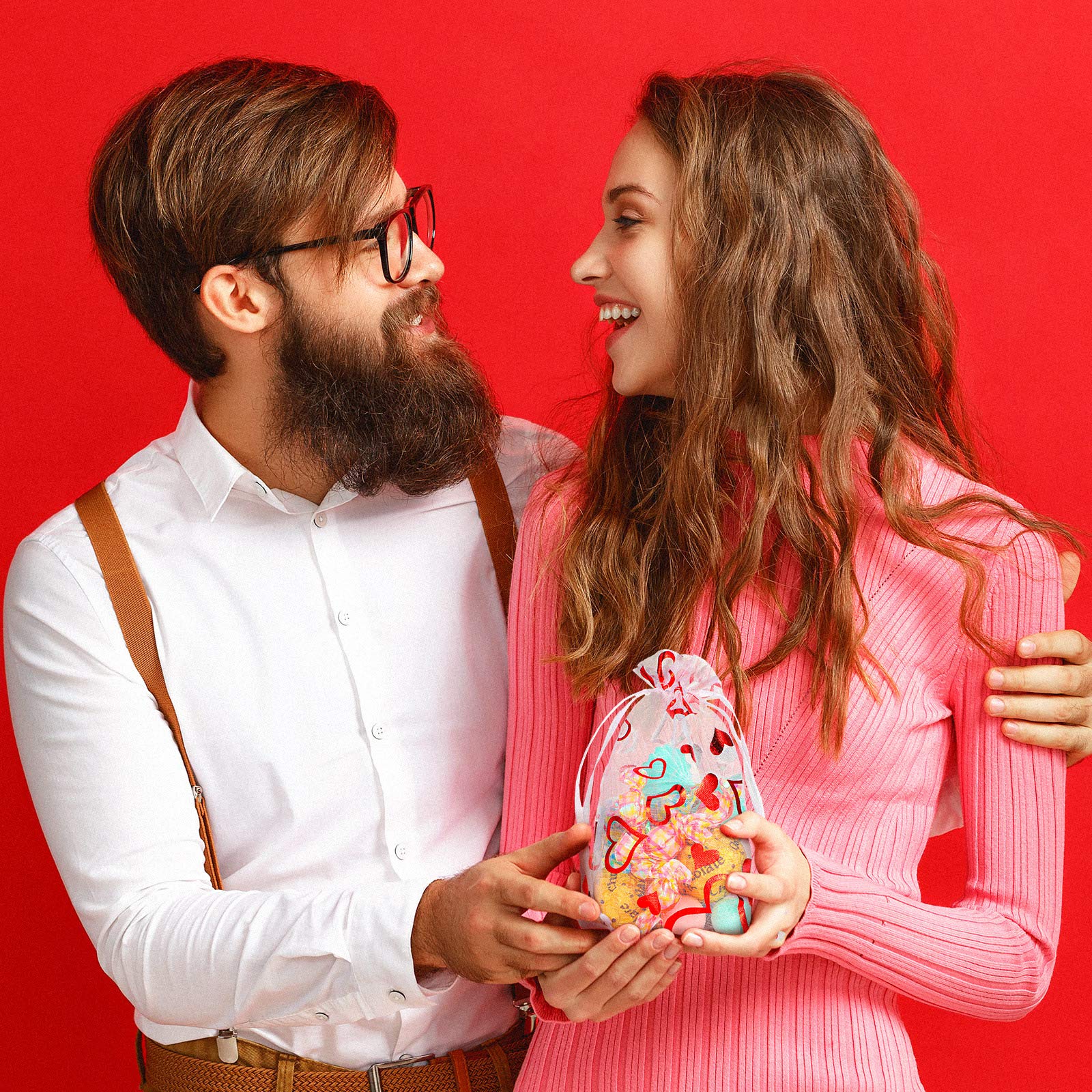 Shappy 100 Pieces Heart Organza Bags with Drawstring Jewelry Pouch Bags Candy Cookies Packaging Bags for Mother's Day Birthday Wedding Festival Party Favor Supply (Red  Rose Red 2.8 x 3.5 Inch)