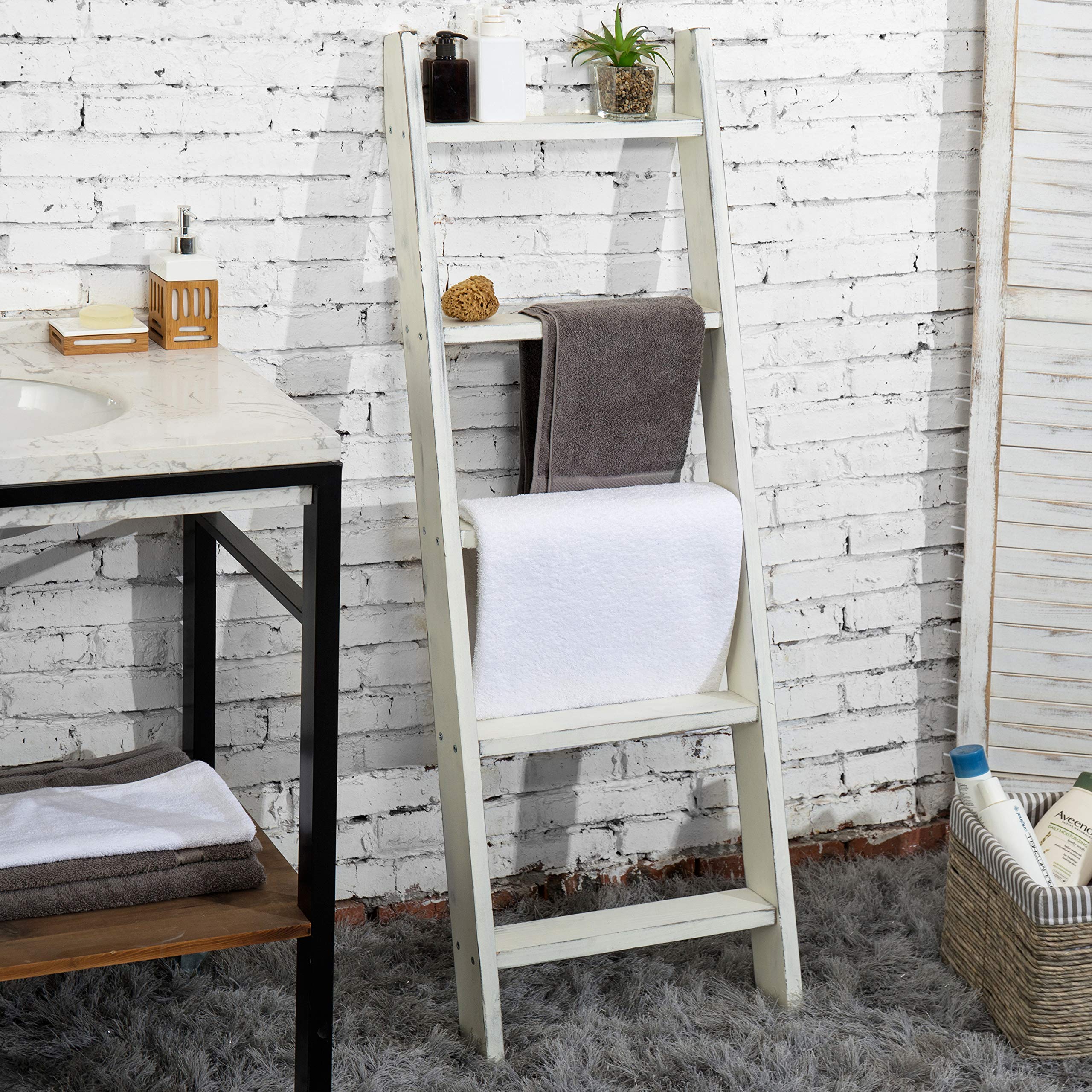 Mygift Large Whitewashed Wood Ladder Blanket Ladder, Farmhouse Style Wall Leaning Towel Rack With 5 Rungs (Vintage White)