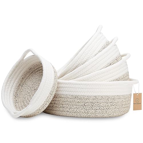 NaturalCozy 5-Piece Round Small Woven Baskets Set - 100% Natural Cotton Rope Baskets! Key Tray  Kids Montessori Toys  Bowl for Entryway  Jewelry Remote Fruits Desk Home Decor Shallow Catchall Baskets