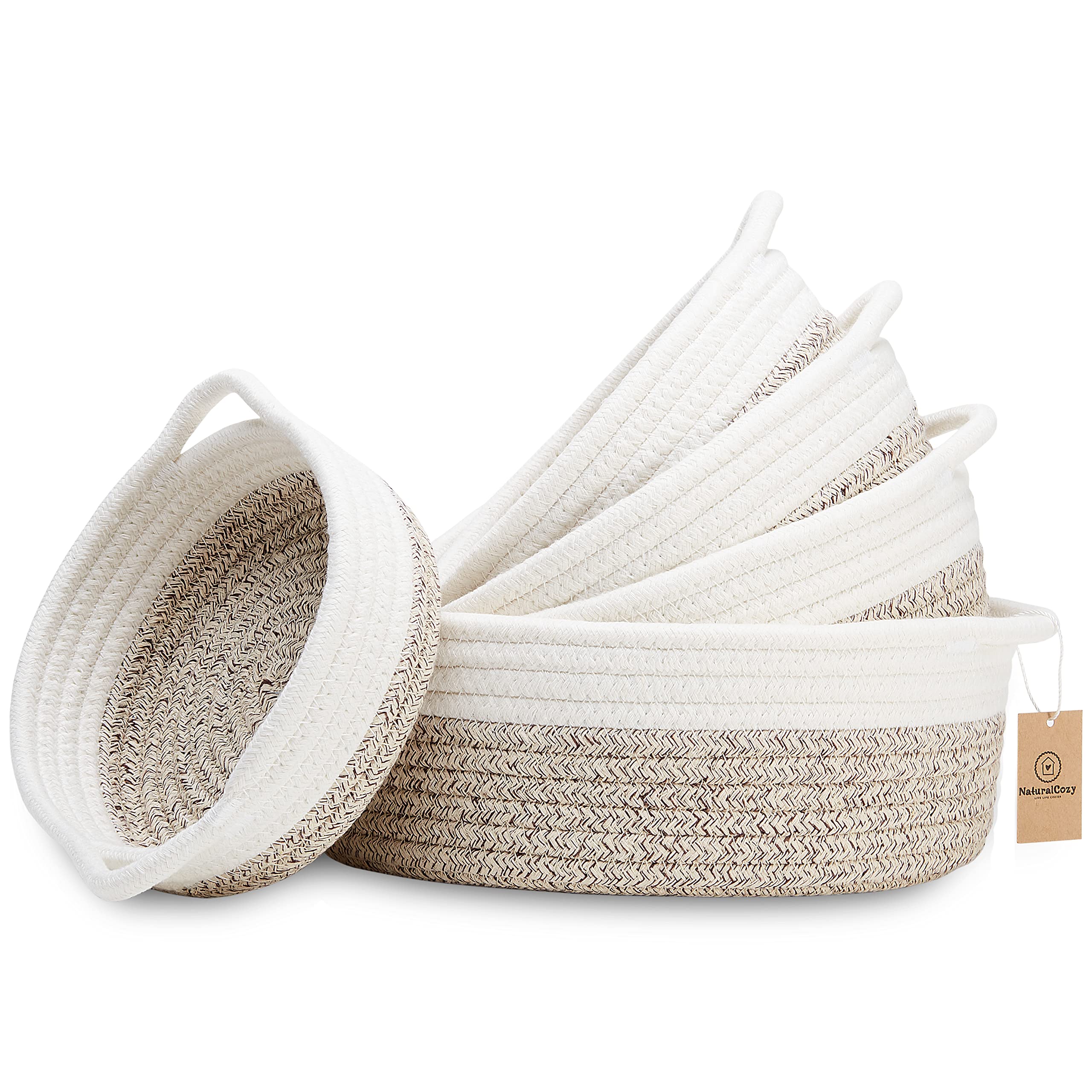 Naturalcozy 5-Piece Round Small Woven Baskets Set - 100% Natural Cotton Rope Baskets! Key Tray, Kids Montessori Toys, Bowl For E