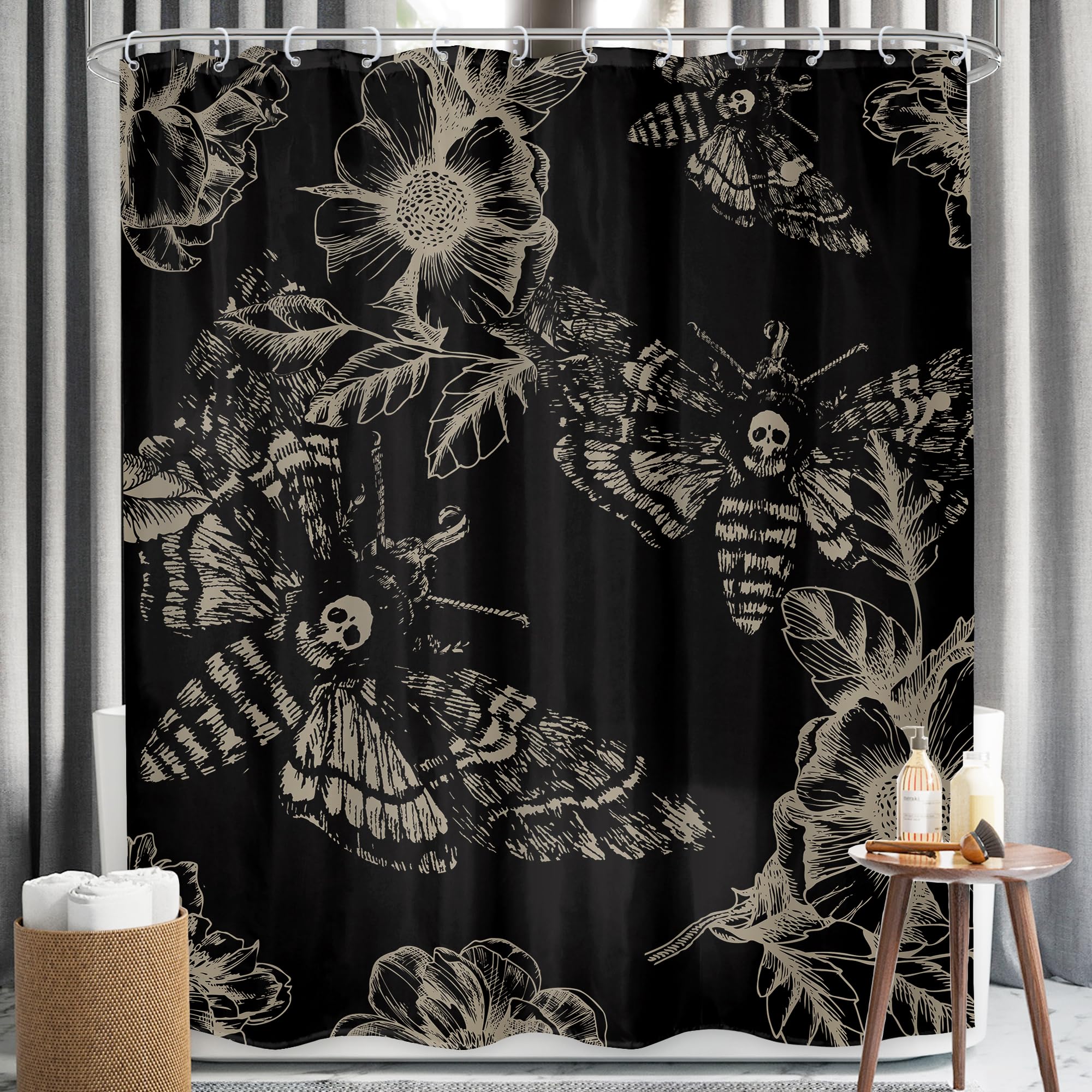 Lghtyro Gothic Skull Moth Shower Curtain Bathroom Set 60Wx71H Inches Witchy Scary Black Flower Death Head Botany Leaves Mysterio