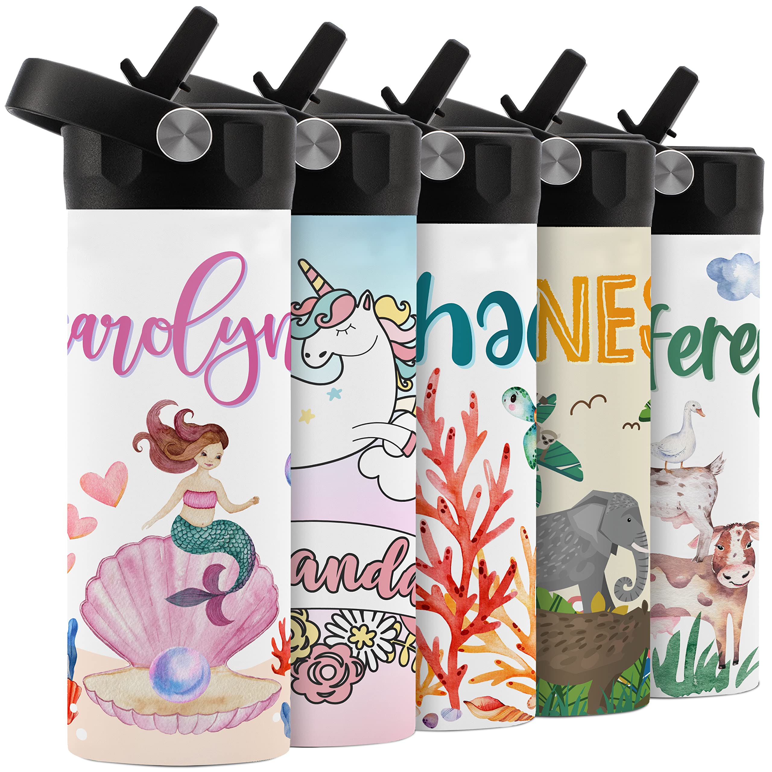 Personalized Kids Water Bottle With Straw Lid - 14 Oz - 11 Wraparound Designs, Custom Water Bottle For Children, Back To School