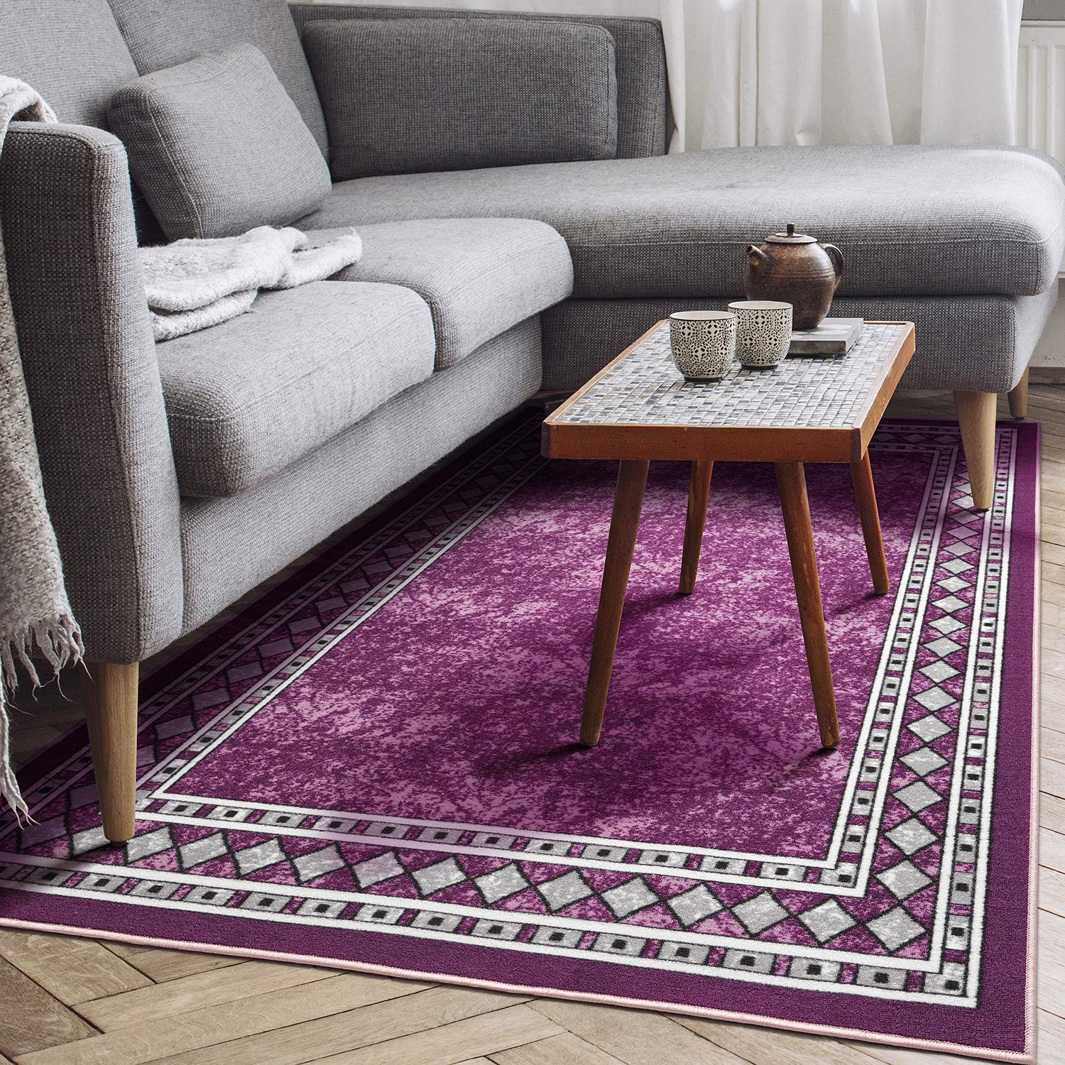 Antep Rugs Alfombras Modern Bordered 5x7 Non-Skid (Non-Slip) Low Profile Pile Rubber Backing Indoor Area Rugs (Purple, 5 x 7)