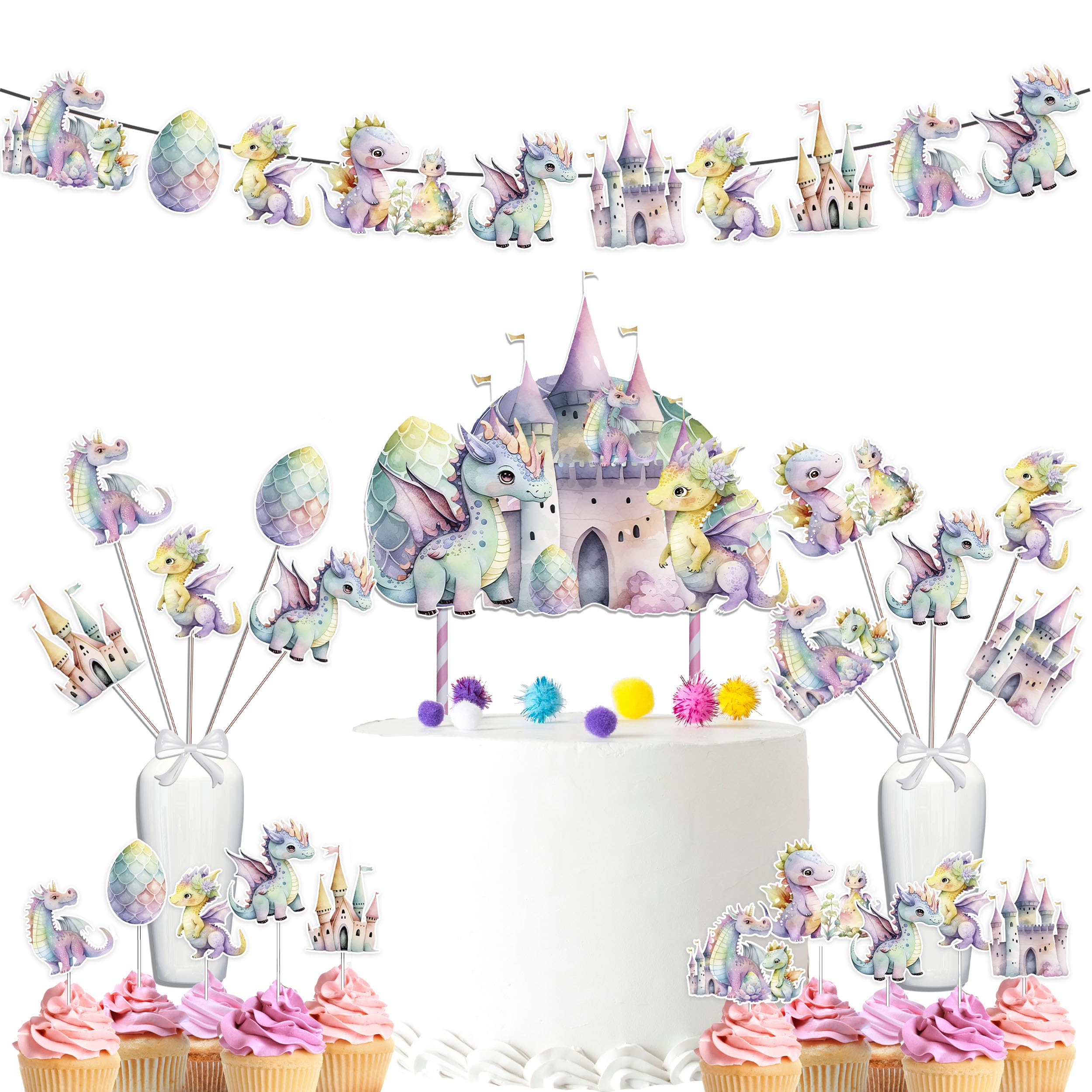 Pink Dragons Baby Shower And Birthday Party Supplies Set - Banner, Centerpieces, Cupcake Toppers, Cake Topper