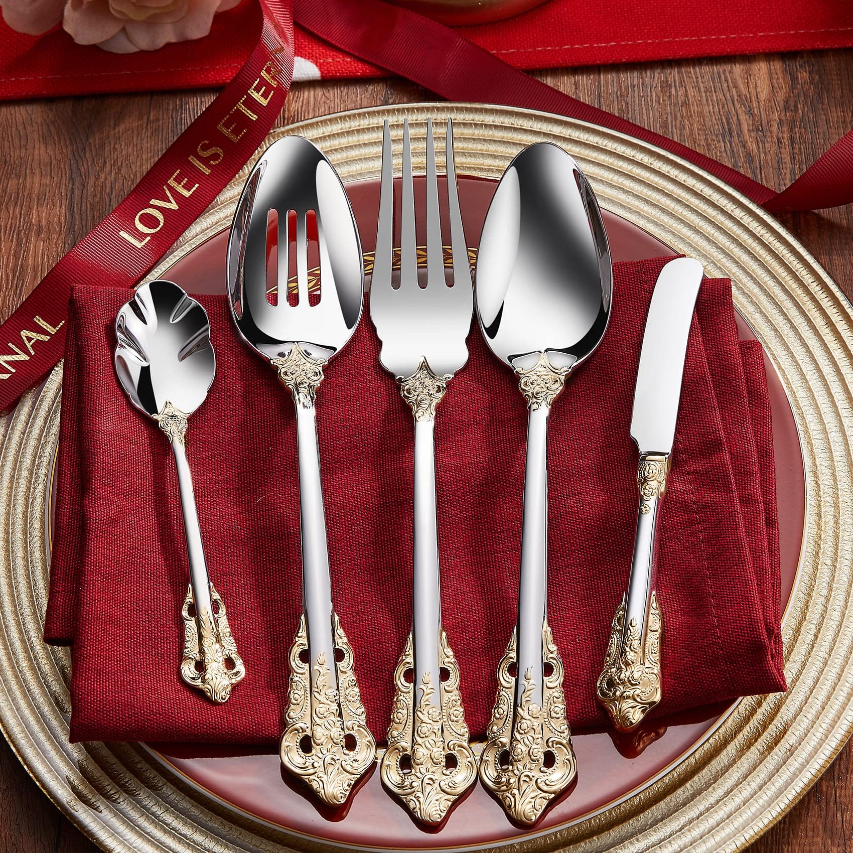 Keawell Luxury 45 Pieces 18/10 Stainless Steel Flatware Set, Service For 8, Silver Plated With Gold Accents, Fine Silverware Set