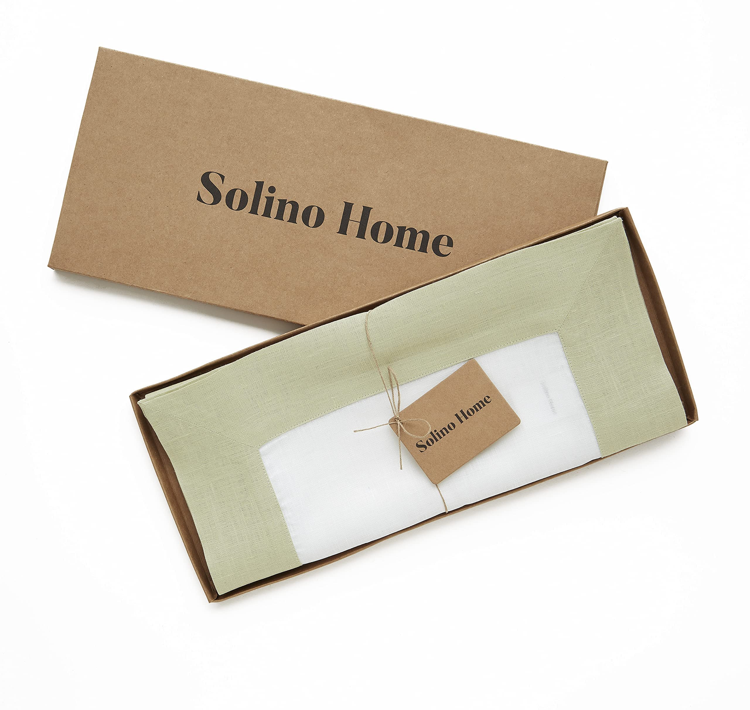 Solino Home Linen Table Runner - Sage Green and White 14 x 108 Inch - 100% Pure Linen Border Table Runner for Spring  Summer  Dining - Contempo  Handcrafted from European Flax and Machine Washable