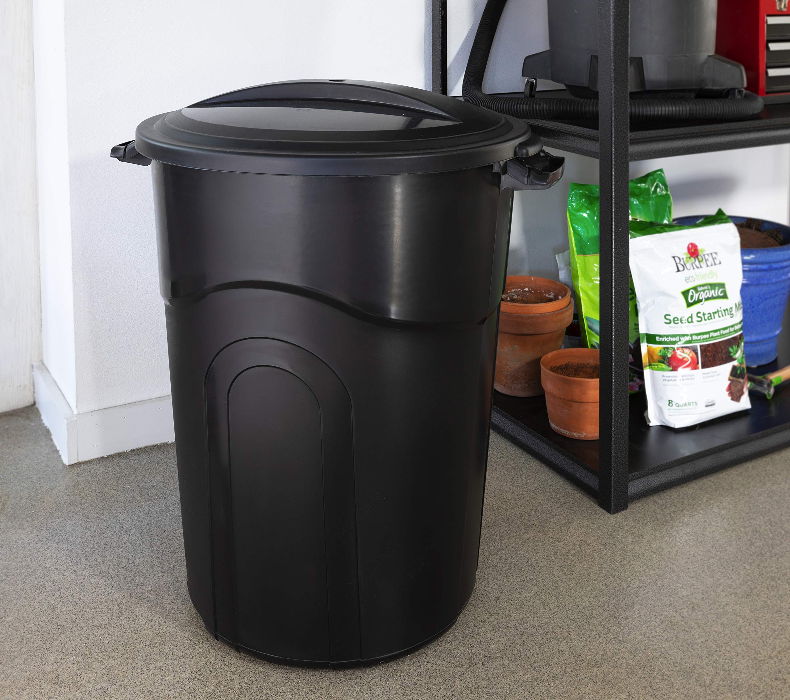 United Solutions 32 Gallon Outdoor Garbage Can  Black  Easy to Carry Garbage Can with Sturdy Construction  Pass-Through Handles & Attachable Click Lock Lid  Indoor or Outdoor Use  (Pack of 2)