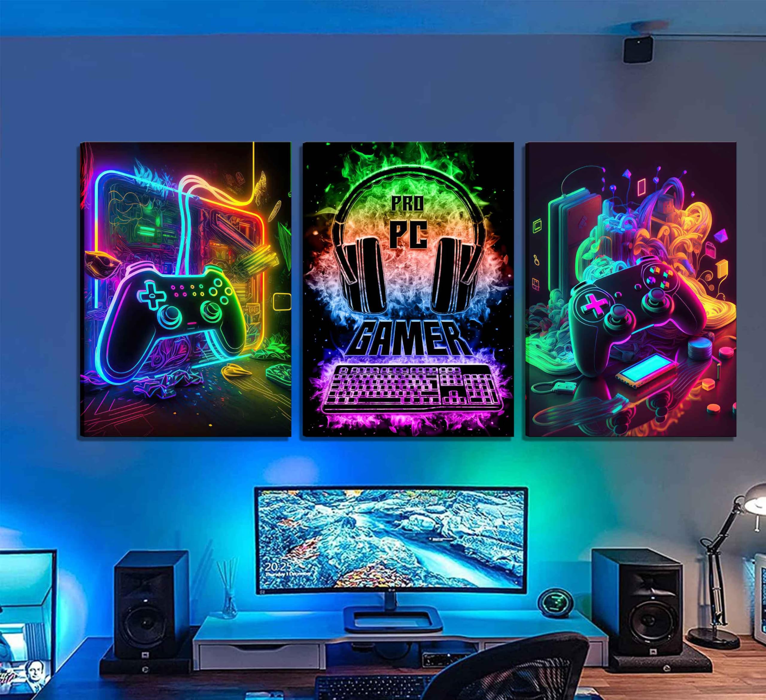 Nbyartq 3Pcs Cool Gaming Wall Art Retro Video Gamer Watercolor Posters Pictures Colorful Neon Gamepad Canvas Painting Prints For