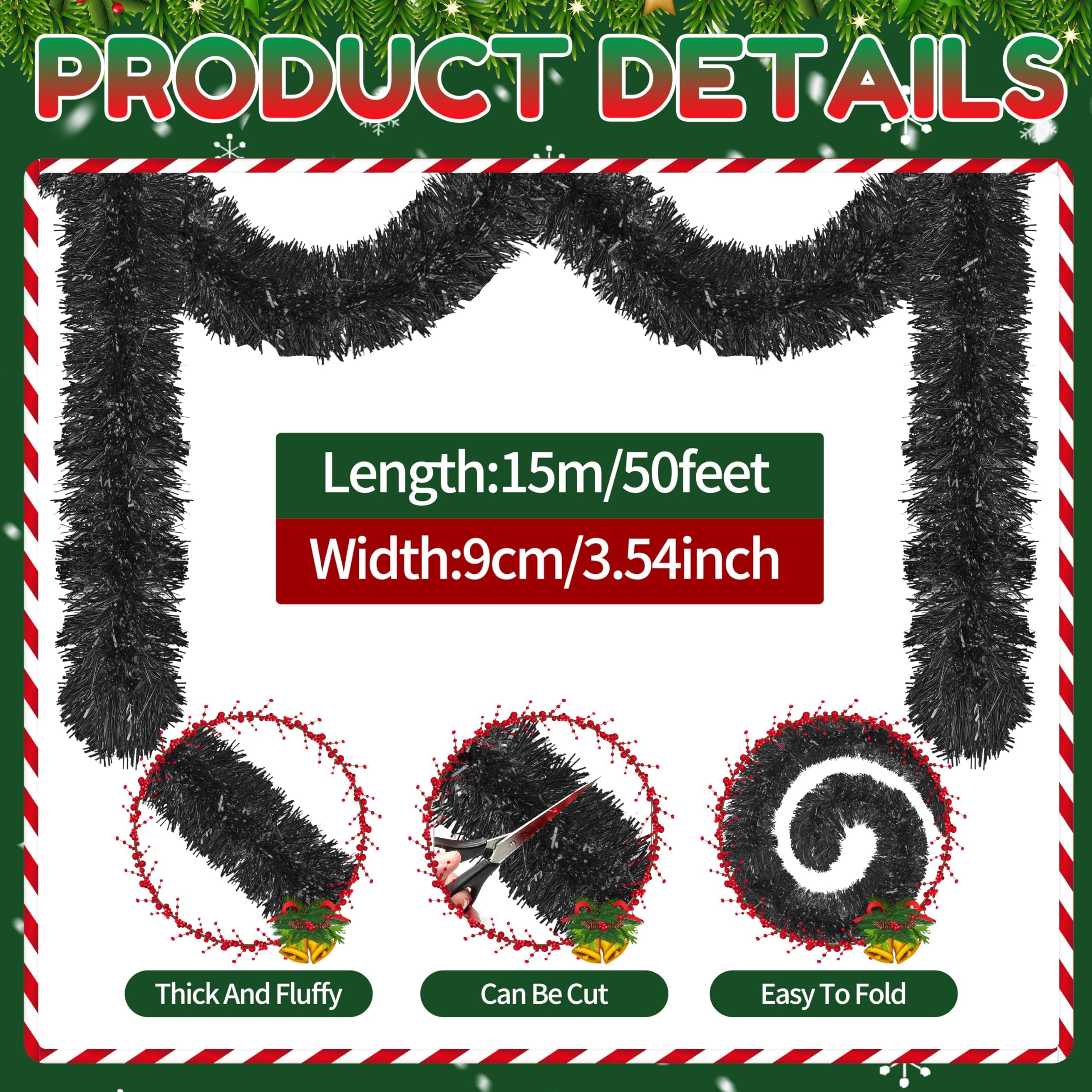 50 Ft Christmas Tinsel Garland Black Thick Tinsel Garland Xmas Tree Decorations Metallic Tinsel Twist Garland for Christmas, Bir