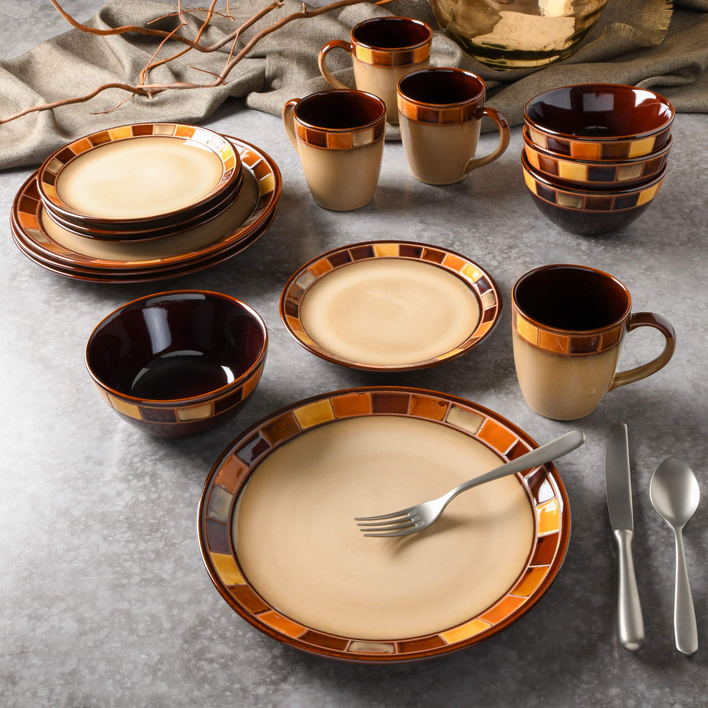 Gibson Casa Estebana 16-Piece Dinnerware Set Service For 4, Beige And Brown - 70736.16Rm