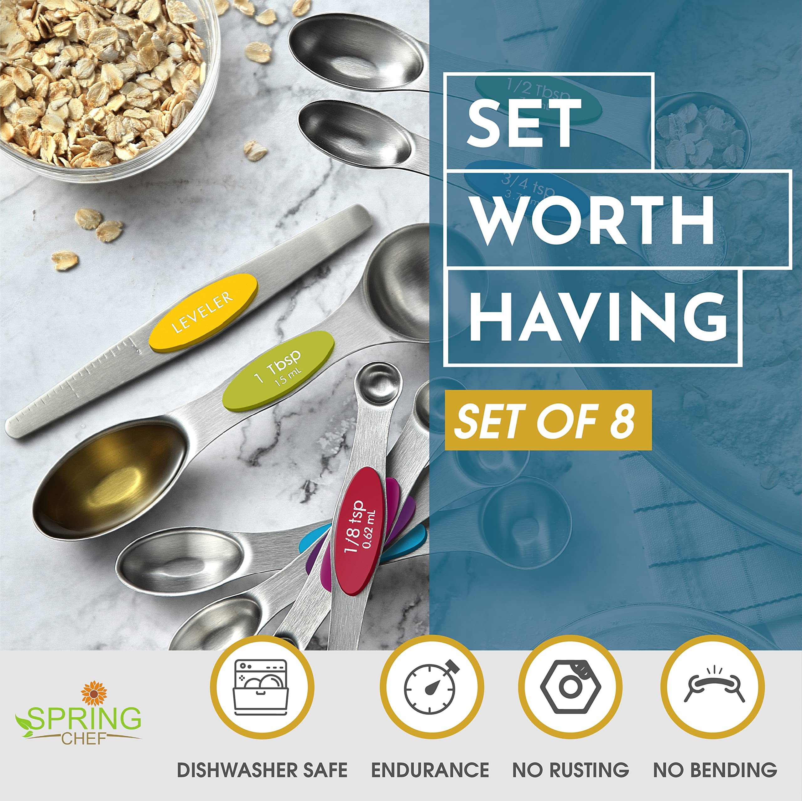 Spring Chef Magnetic Measuring Spoons Set With Strong N45 Magnets, Heavy Duty Stainless Steel Metal, Fits In Most Kitchen Spice
