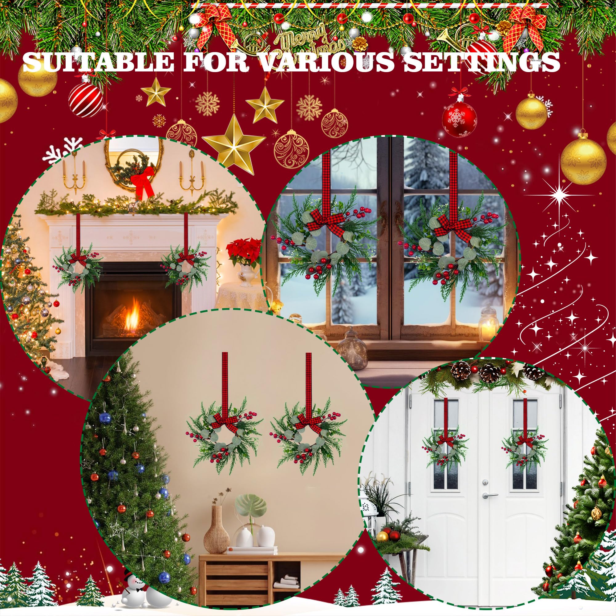 2Pcs Christmas Wreath, 10 Inch Mini Wreaths for Kitchen Cabinets, Christmas Door Wreath, Small Christmas Wreath for Fireplace Wi