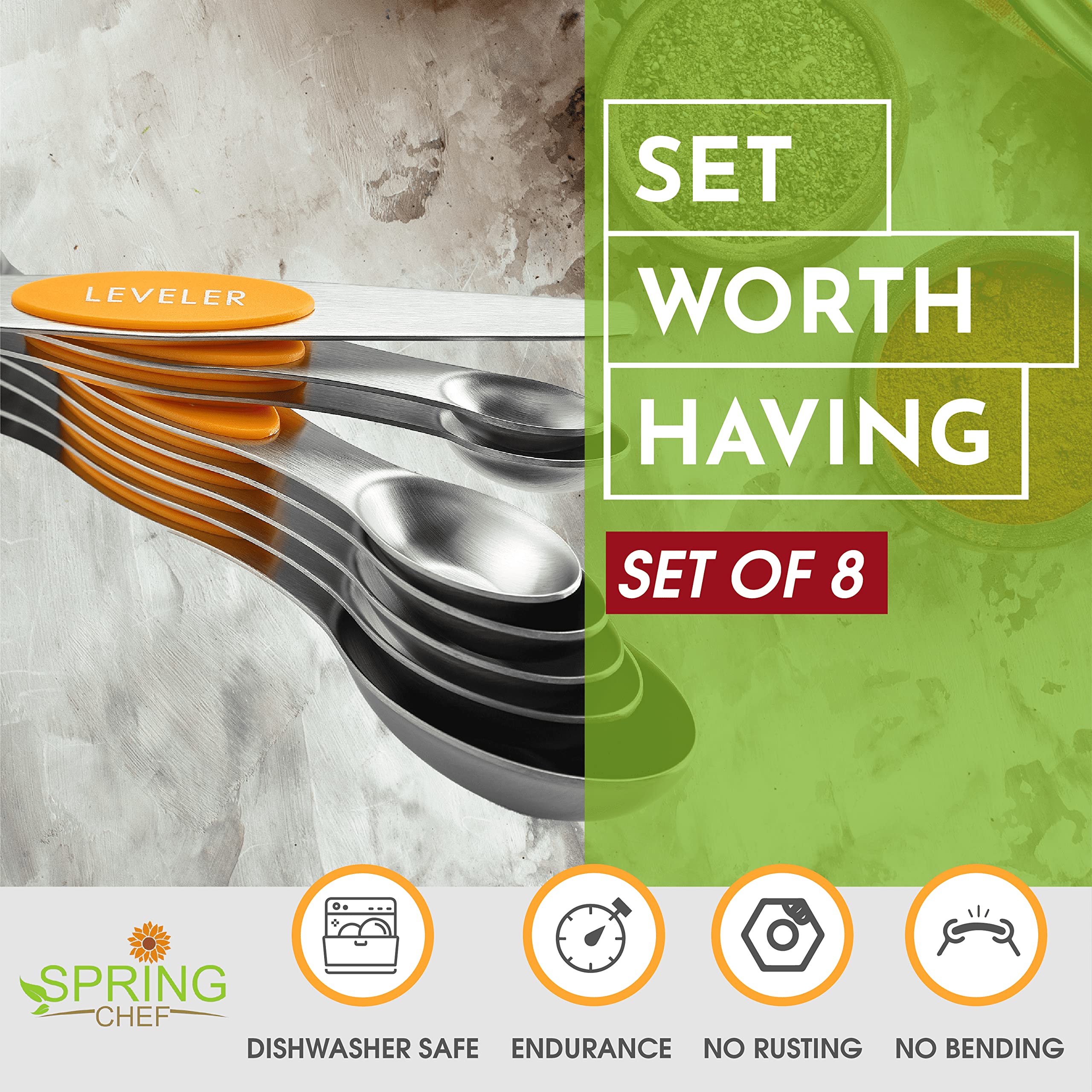 Spring Chef Stainless Steel Magnetic Measuring Spoons Set Of 8 With Leveler, Dual Sided Metal Teaspoon & Tablespoon Measuring Sp