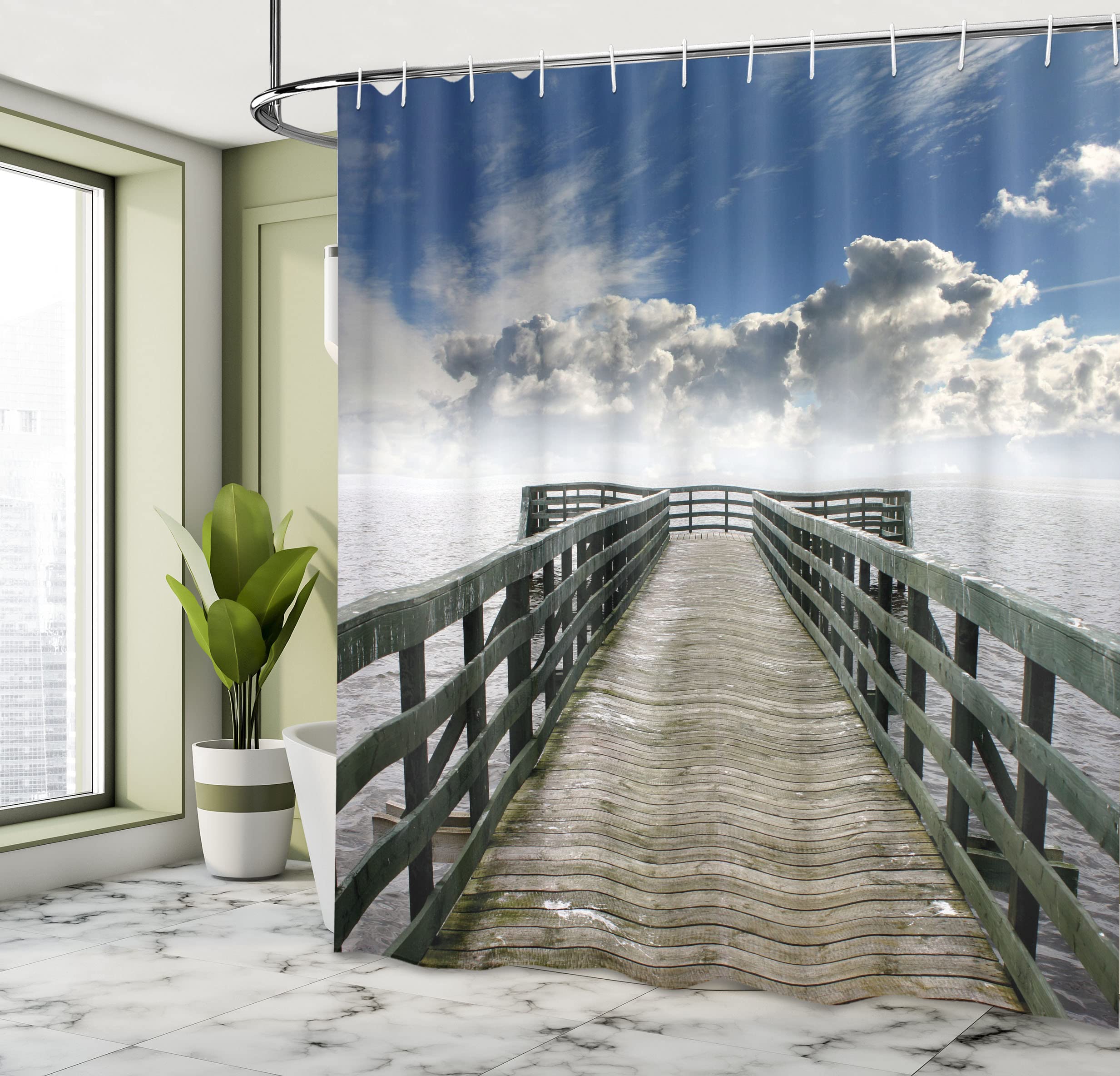 Ambesonne Seascape Shower Curtain, Seaside Banister Clouds Beige Foggy Morning And Ocean Seascape View Image, Cloth Fabric Bathr