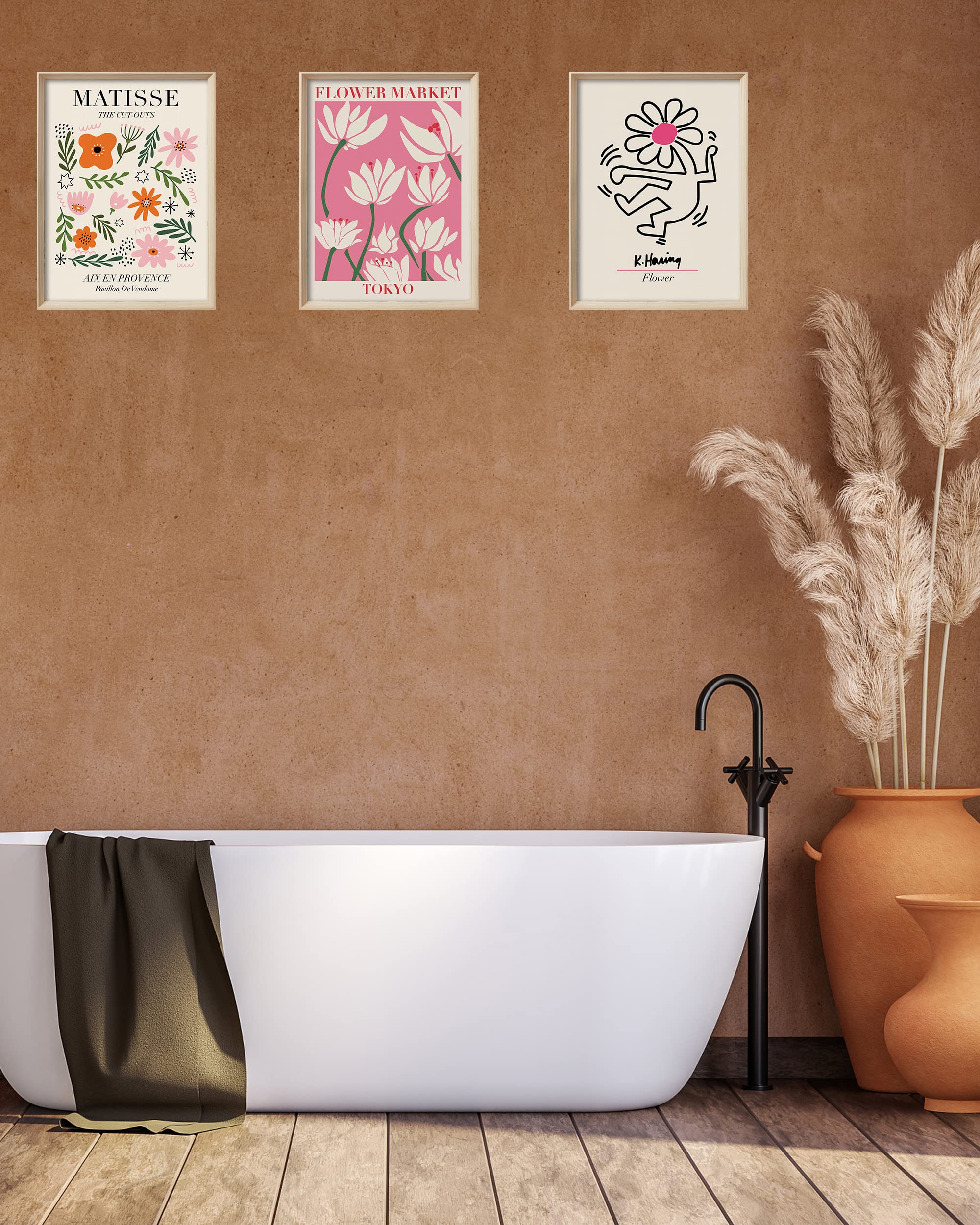 UPWOIGH Framed Wall Art(No Plexiglass)  Abstract Henri Matisse Canvas Wall Art  12X16in Pink TOKYO Flower Market Wall Decor  Wood Minimalist Wall Art for Living Room Set of 3