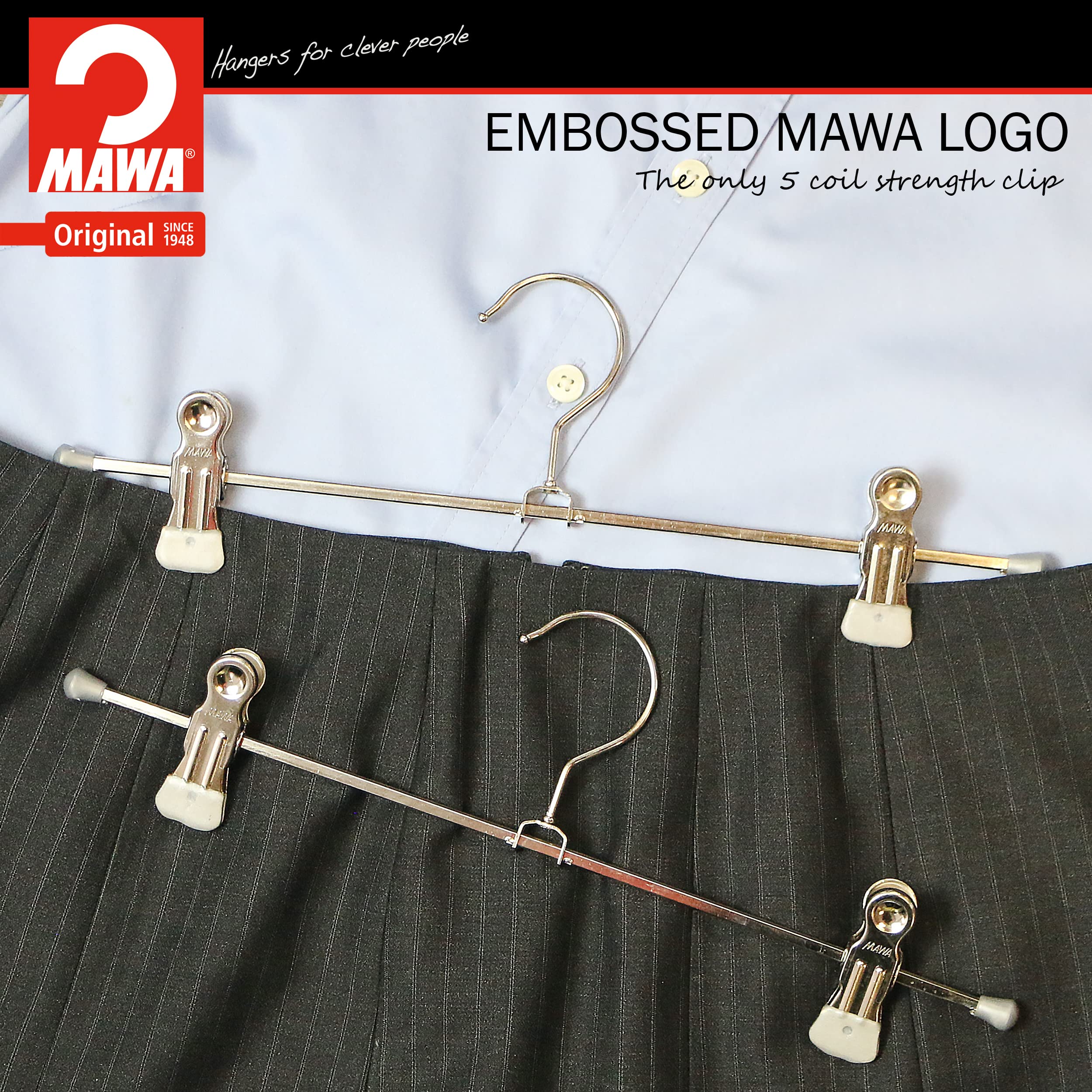 Mawa By Reston Lloyd Non-Slip Space-Saving Clothes Hanger For Pants & Skirts With Two Non-Slip Clips, Style K/30D, 12-Inch, Set
