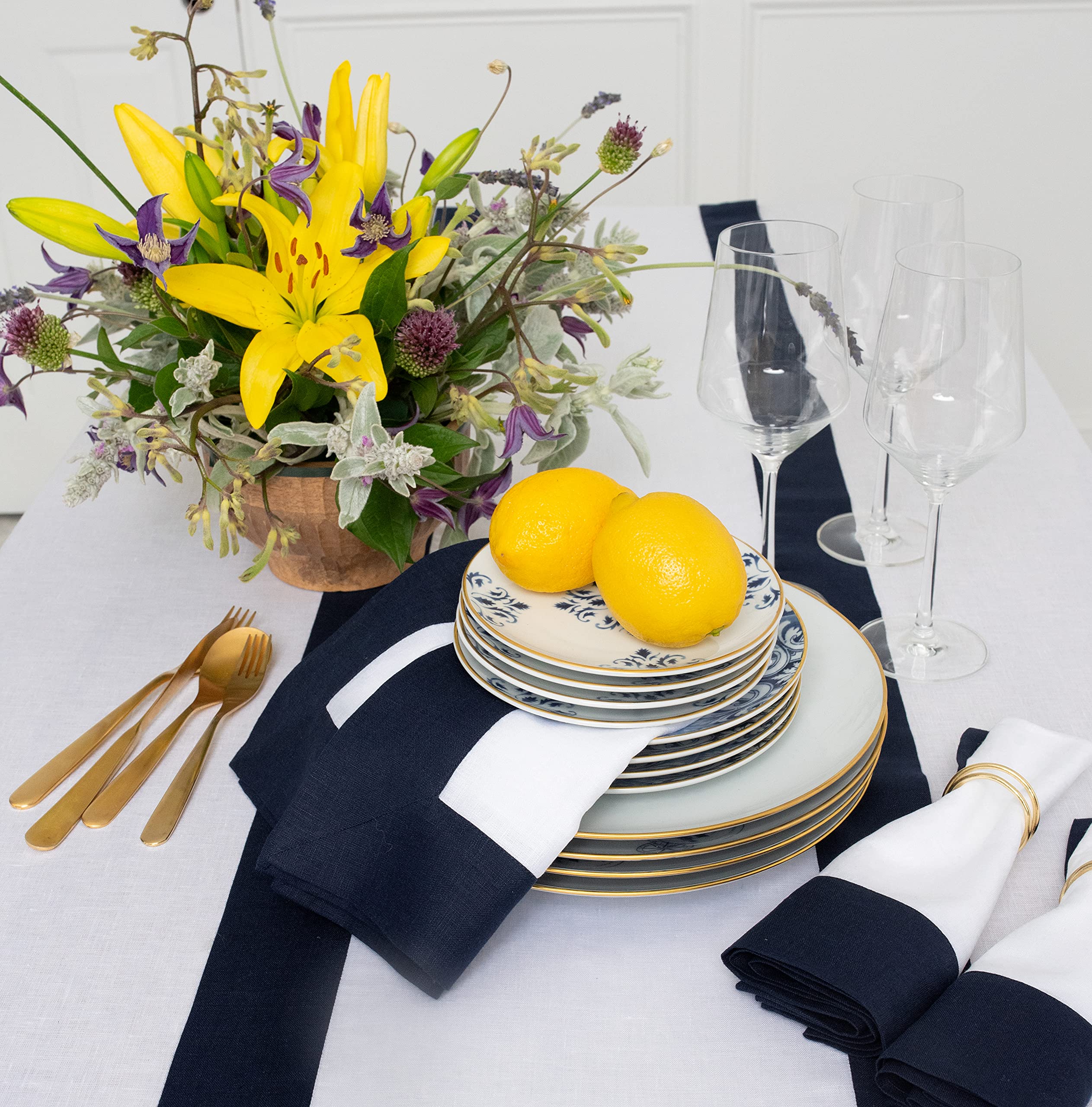 Solino Home Linen Table Runner Navy and White - 100% Pure Linen 14 x 108 Inch Table Runner for Spring  Summer  Memorial Day - Handcrafted from European Flax and Machine Washable - Contempo