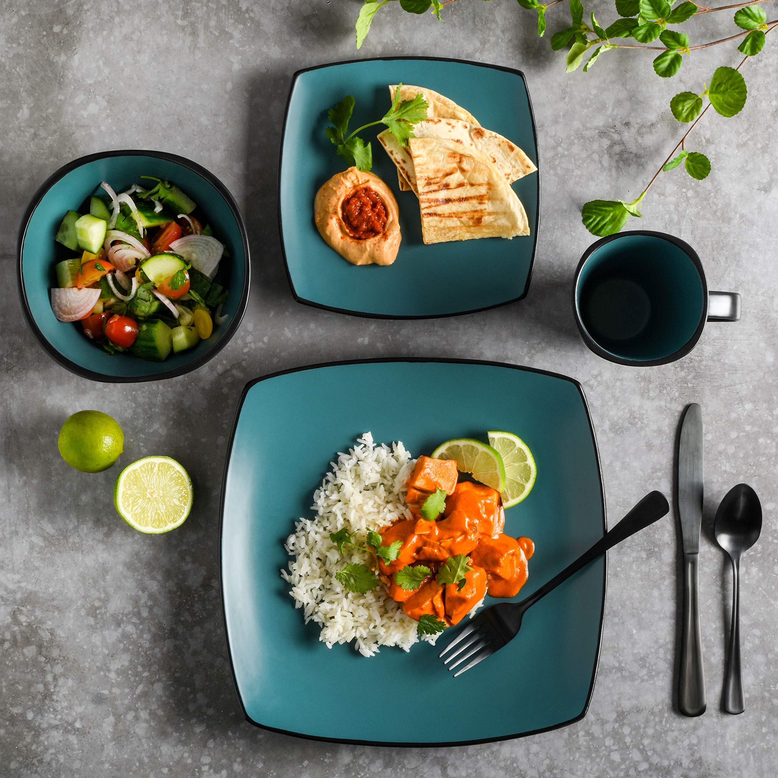 Gibson Soho Lounge Square Reactive Glaze Stoneware Dinnerware Set, Service for 4 (16pc), Matte Jade