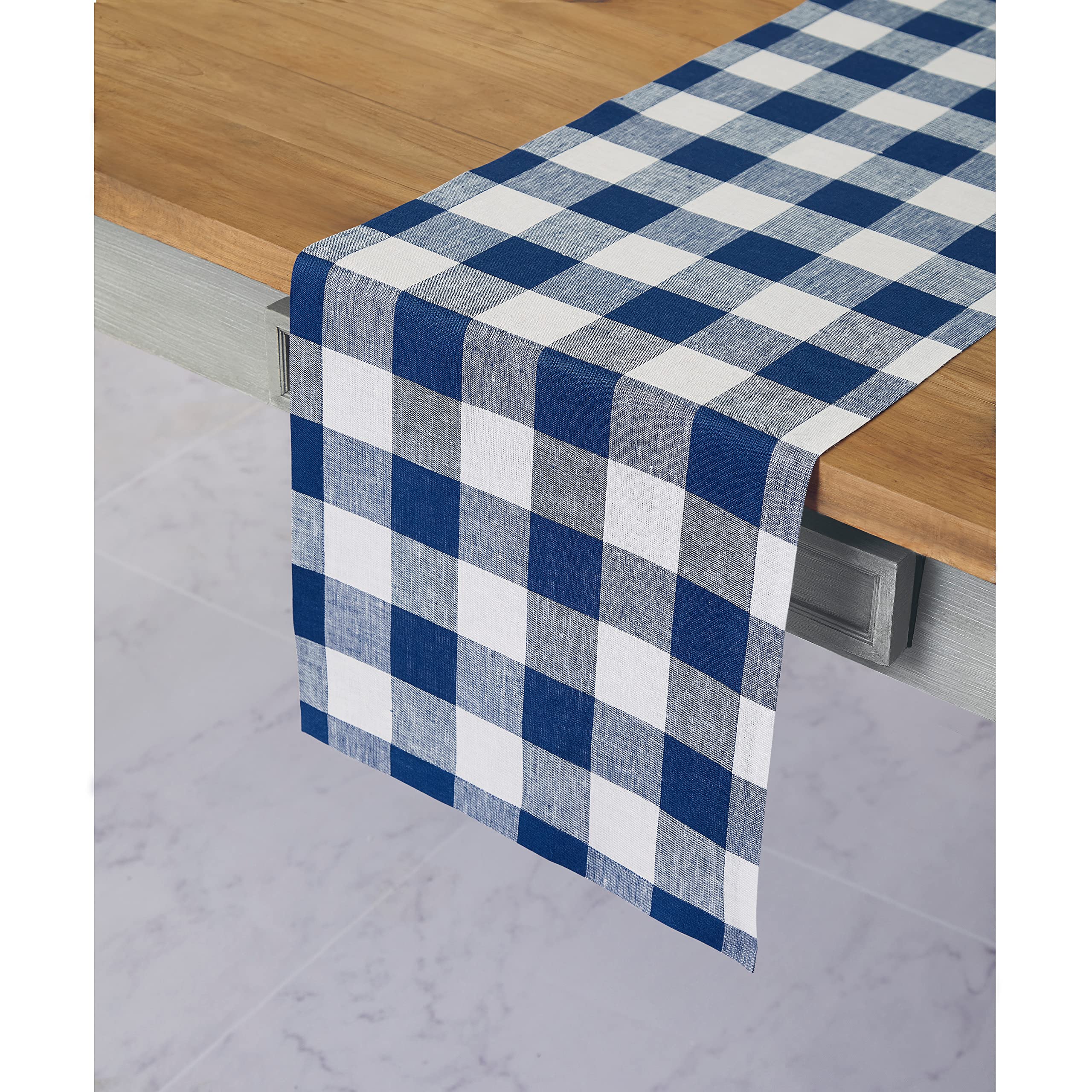 Solino Home Buffalo Check Linen Table Runner 108 Inches Long - 100% Pure Linen Blue And White Plaid Table Runner 14 X 108 Inch I