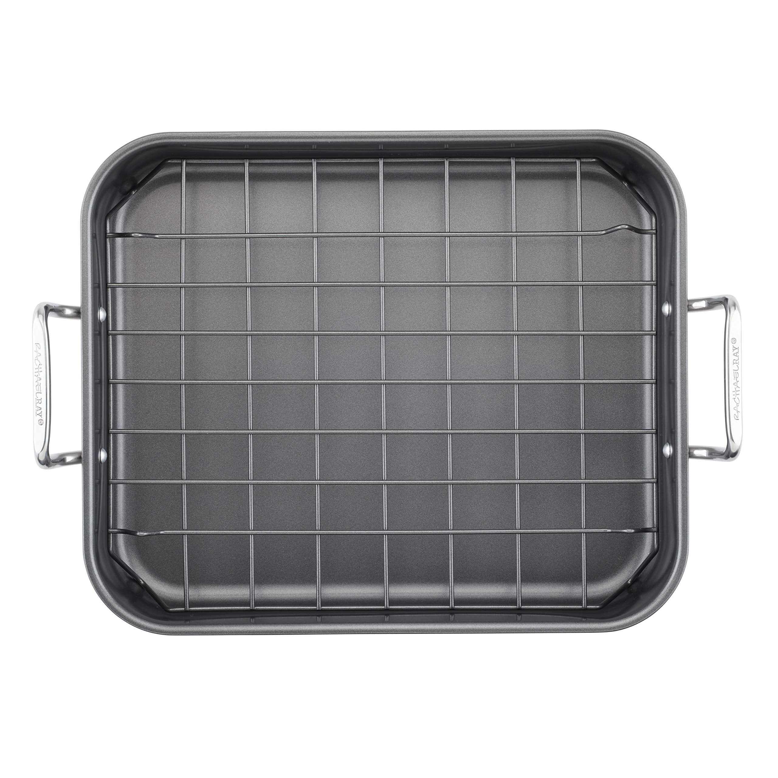 Rachael Ray Bakeware Nonstick Roaster/Roasting Pan With Reversible Rack, 16.5 Inch X 13.5 Inch, Gray
