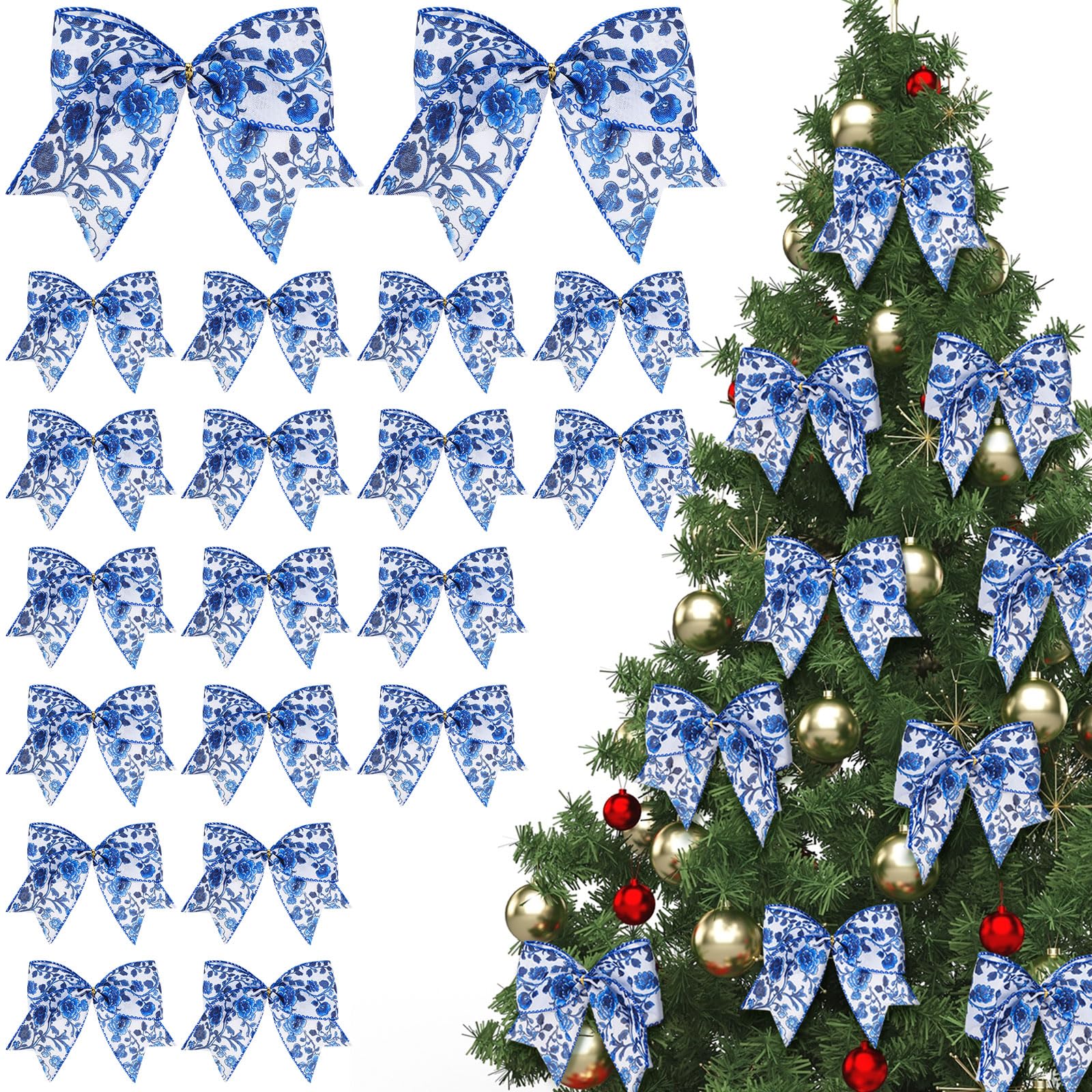 Canlierr 20 Pcs Chinoiserie Christmas Tree Bow Decorations 6 Inch Large Blue and White Wreaths Bows Ribbon Ornament for Xmas Tre