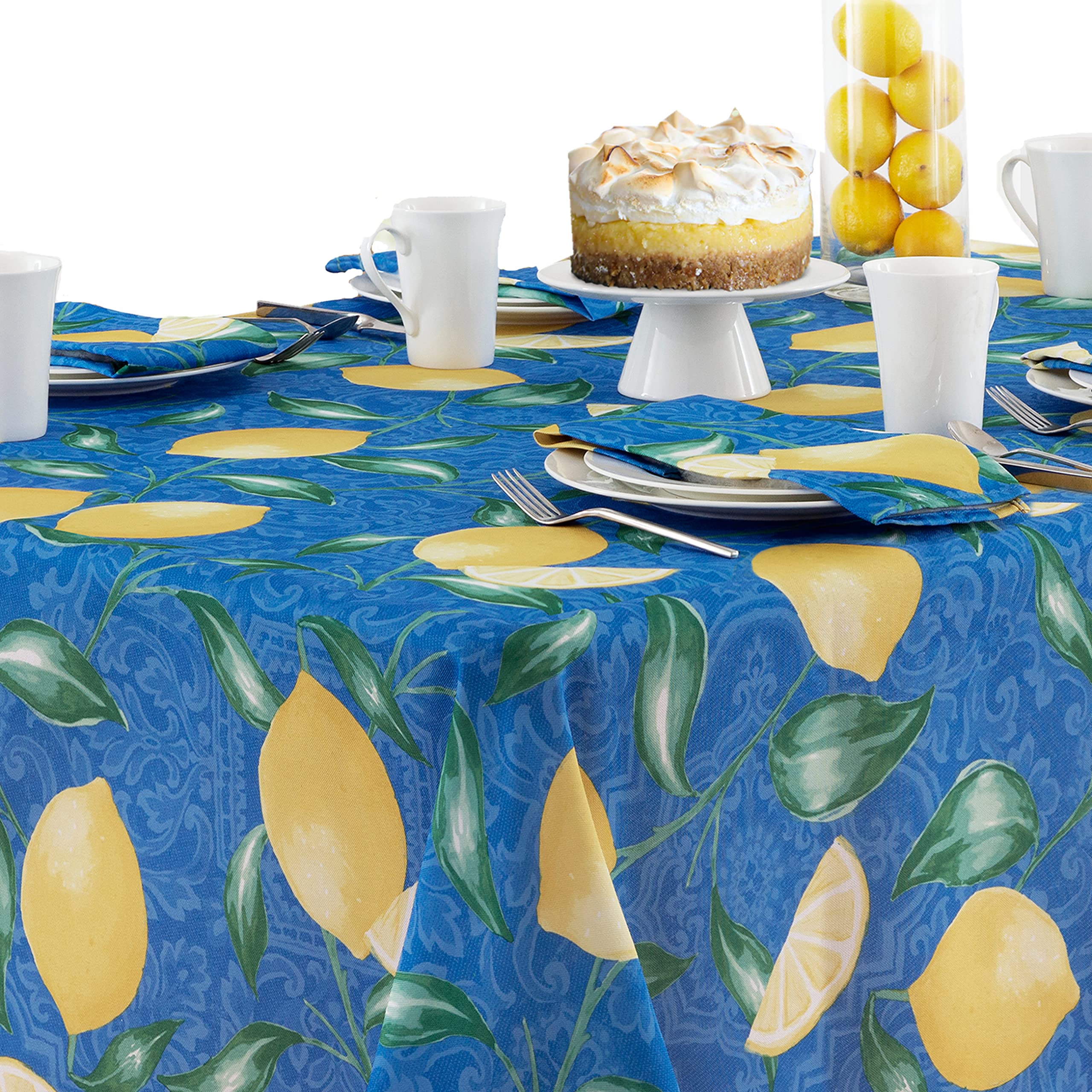 Newbridge Mediterranean Lemon Zest Indoor/Outdoor Print Fabric Napkins, French Provence Blue And Yellow Lemon Design Water And S