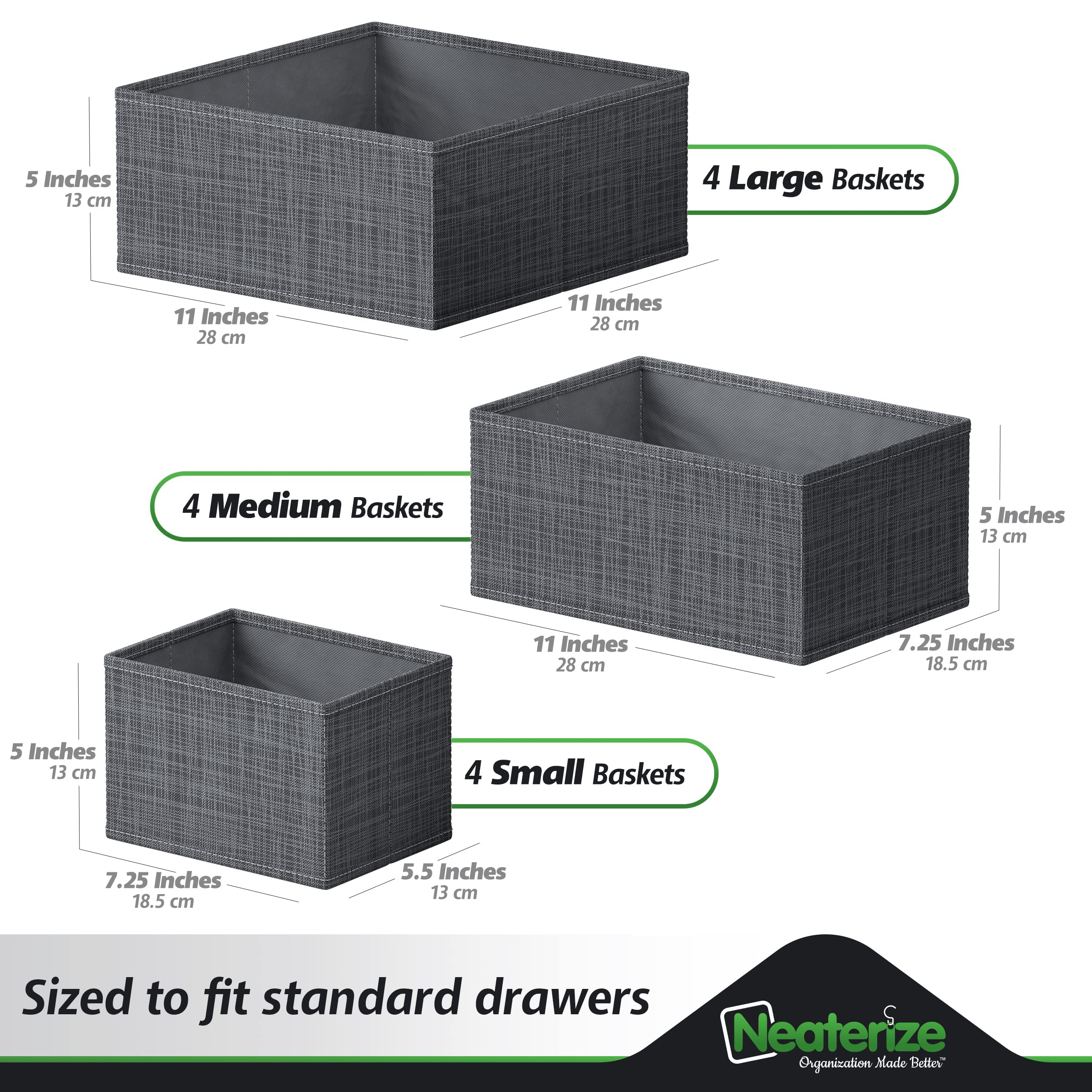 Drawer Organizer Clothes Set of 12 Dark Grey - Dresser Organizer For Nursery, Bedroom, Closet - Perfect Baby Clothes Organizer a