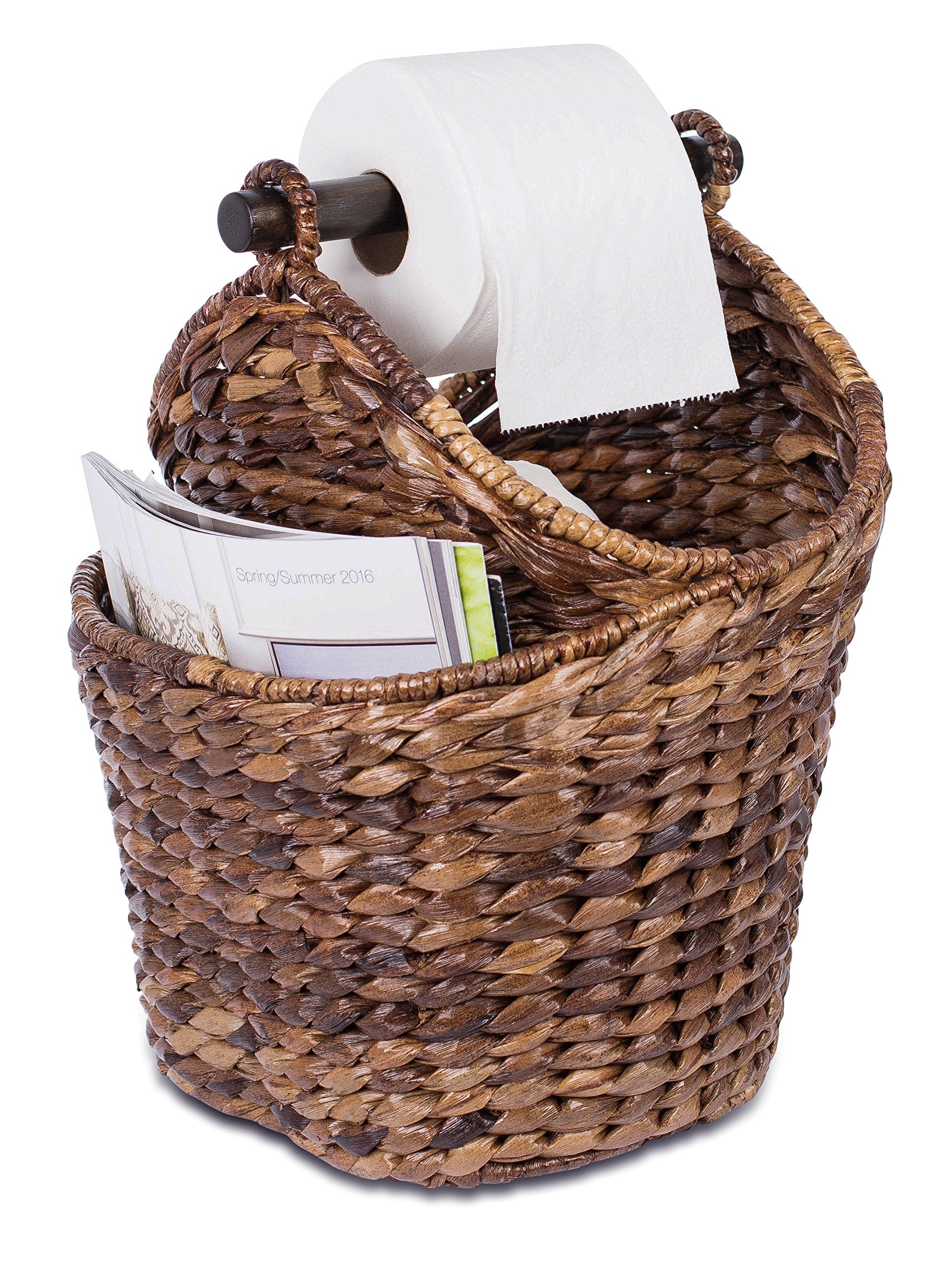 Birdrock Home Seagrass Magazine And Bathroom Basket - Hand Woven Toilet Paper Holder With Pocket - Espresso - Stylish Decorative