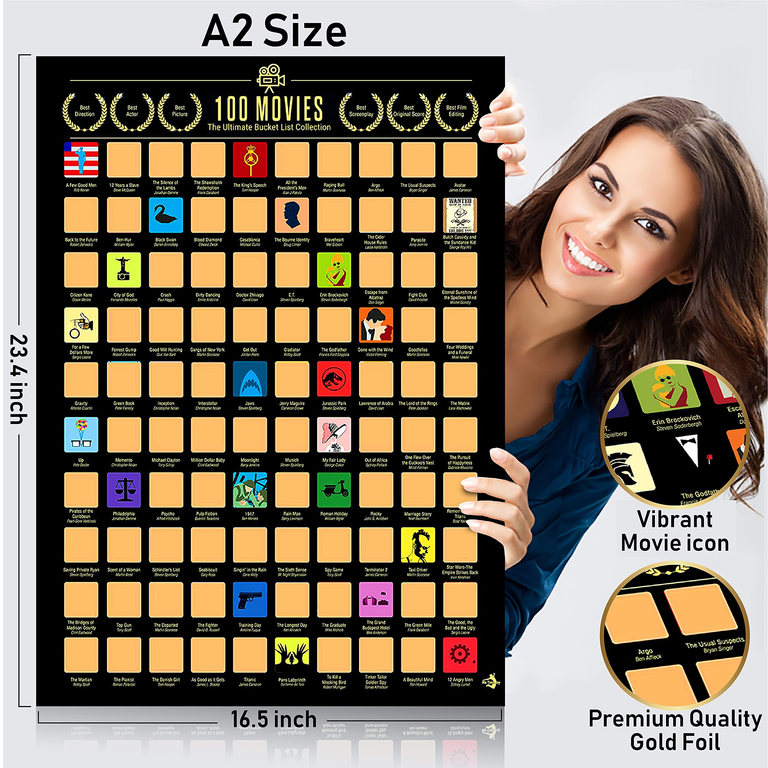 100 Movies Scratch Off Poster - Movie Scratch Off Poster - Easy Off Gold Foil - Includes Scratching Tool And Ebook -100 Best Mov