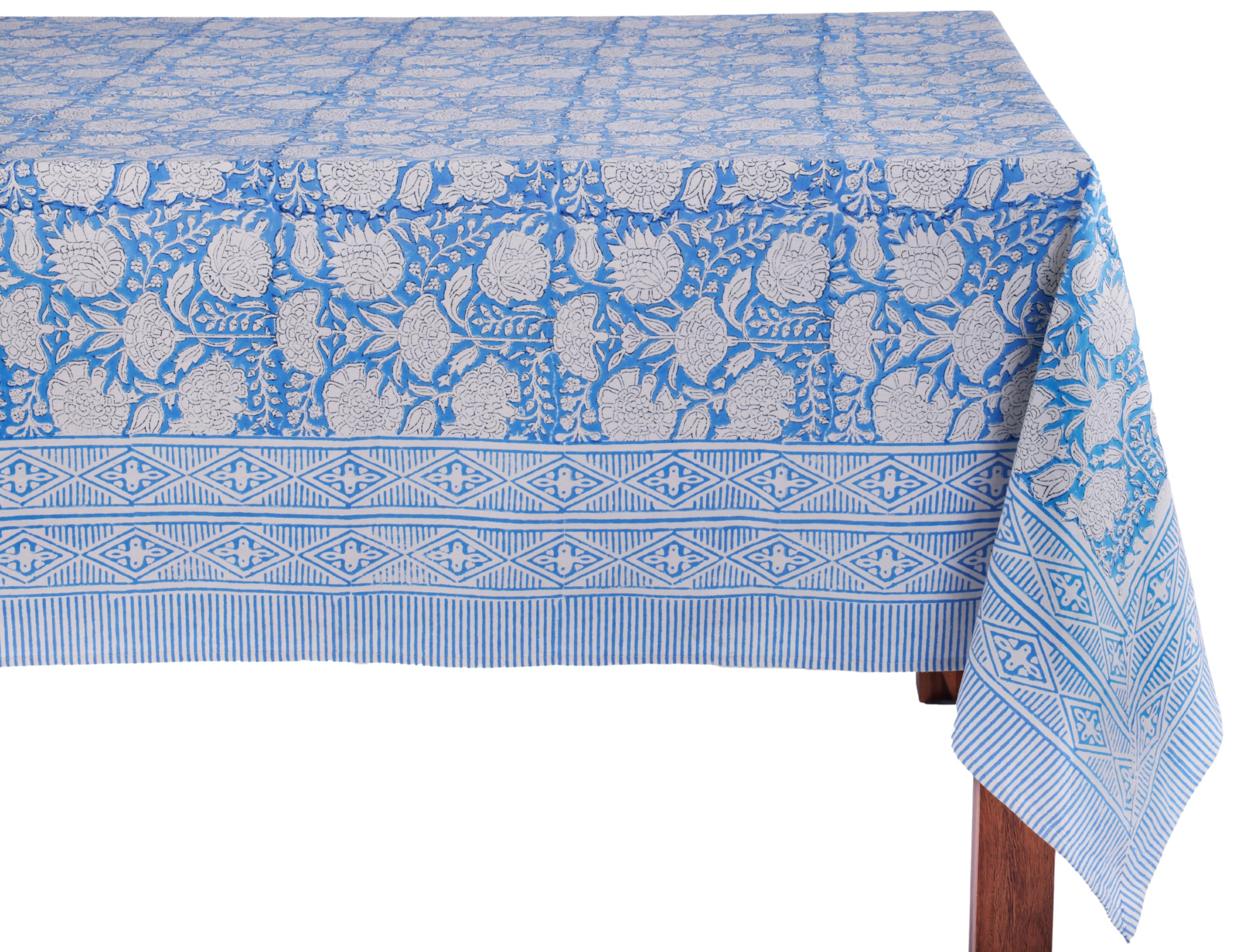 ATOSII Azora Blue 100% Cotton Rectangle Summer Tablecloth, Block Print Floral Table Cloth for Dining, Outdoors, Parties, Wedding