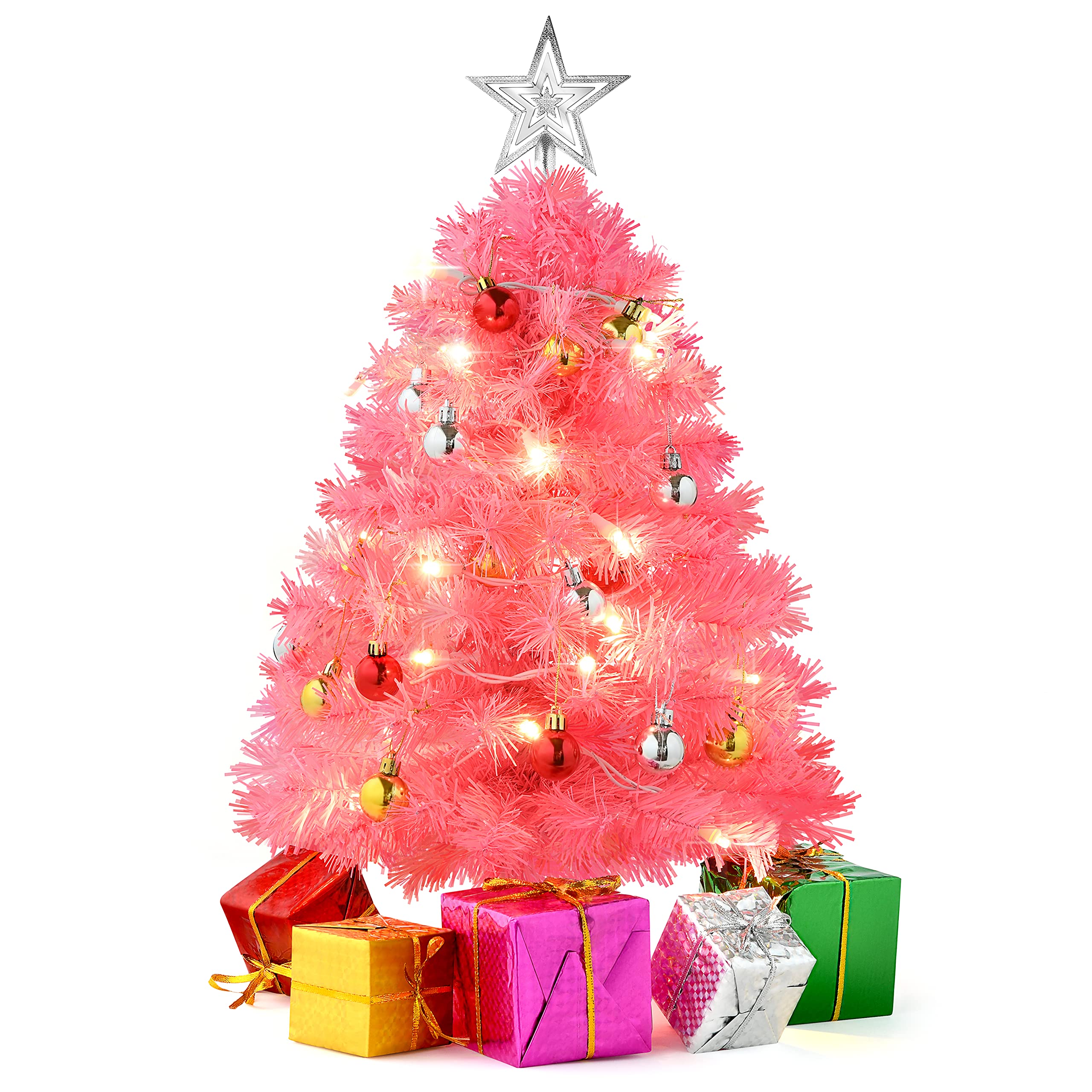 Prextex 23    Mini Pink Christmas Tree with Lights Ornaments & Presents - Small Pink Christmas Tree with Lights Pink Mini Christ