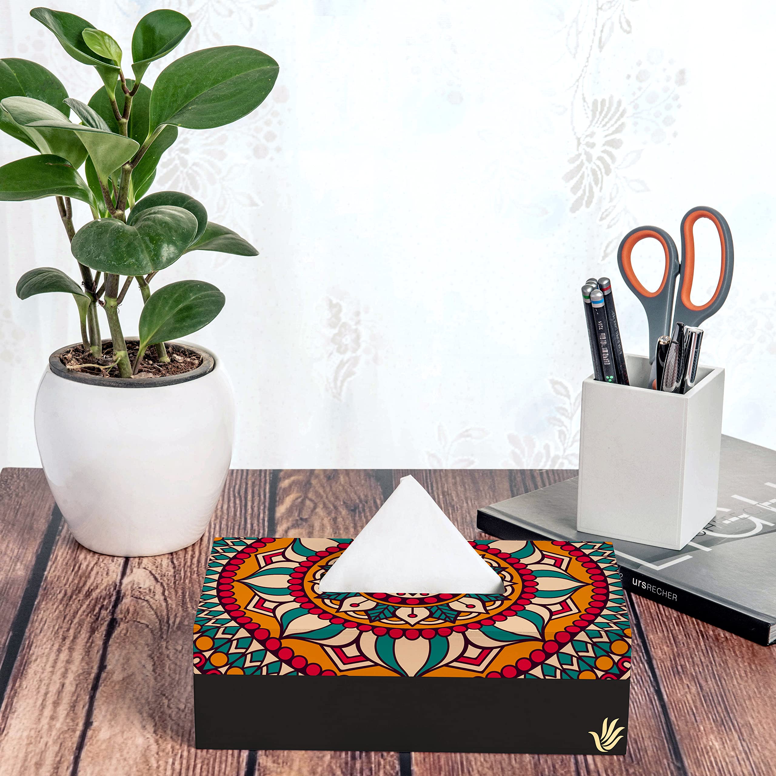 Brahma Design Tissue Box Holder | Red Mandala Design With Black Border | Size 9'' X 5'' X 2.75'' Tissue Box Holder For Car And H