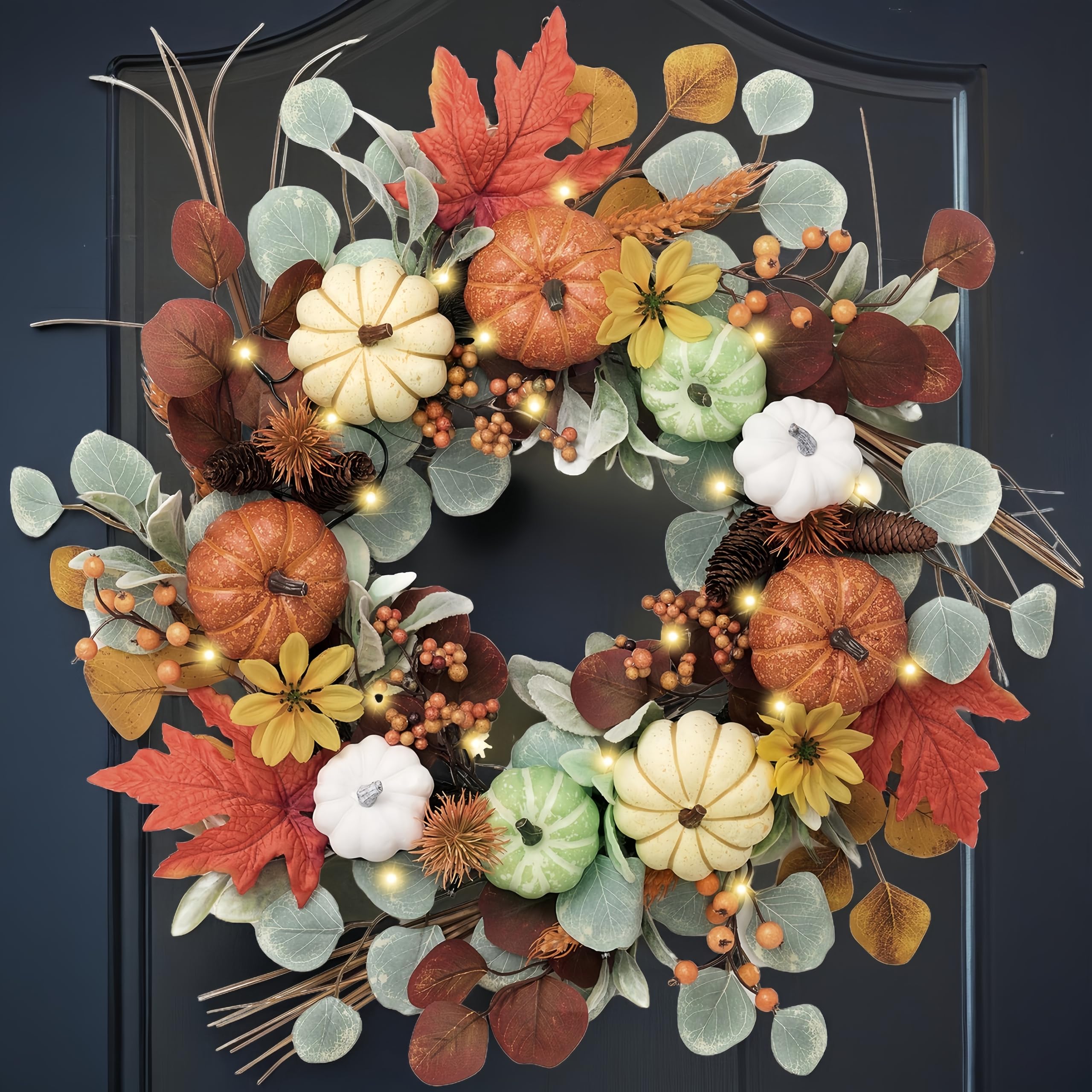 Valery Madelyn Collapsible Fall Wreath with Light for Front Door, 24 Halloween Door Wreath with White Pumpkin Silk Maple Leaves 
