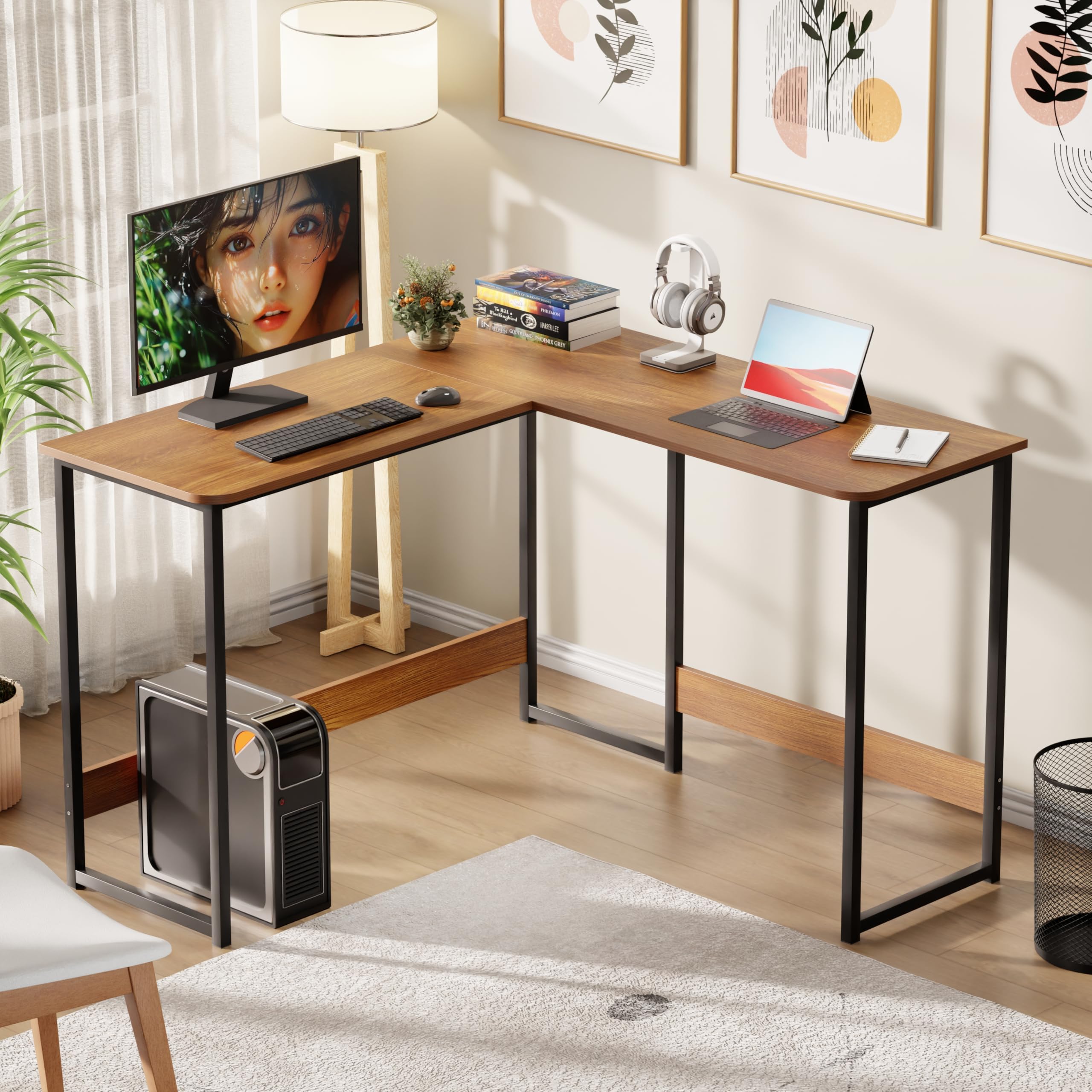 Lukzer Engineered Wood LShaped Corner Study And Computer Laptop Table For Home Or Office | Mst007/Black & Oak Brown | MultiFu