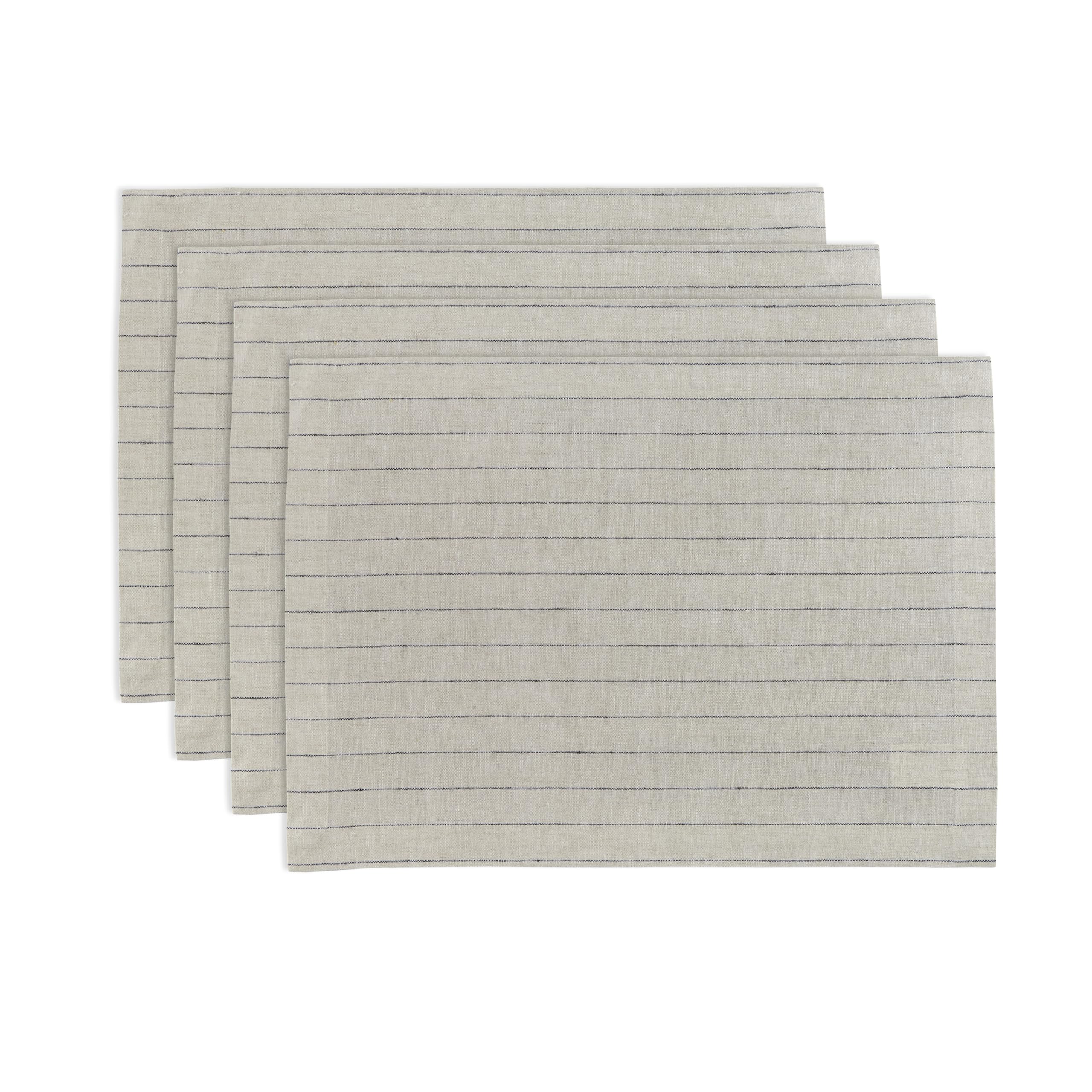 Solino Home Pinstripe Linen Placemats 19'' L X 14'' W Inch - 100% Pure Linen Light Natural And Black Cloth Placemats Set Of 4 -