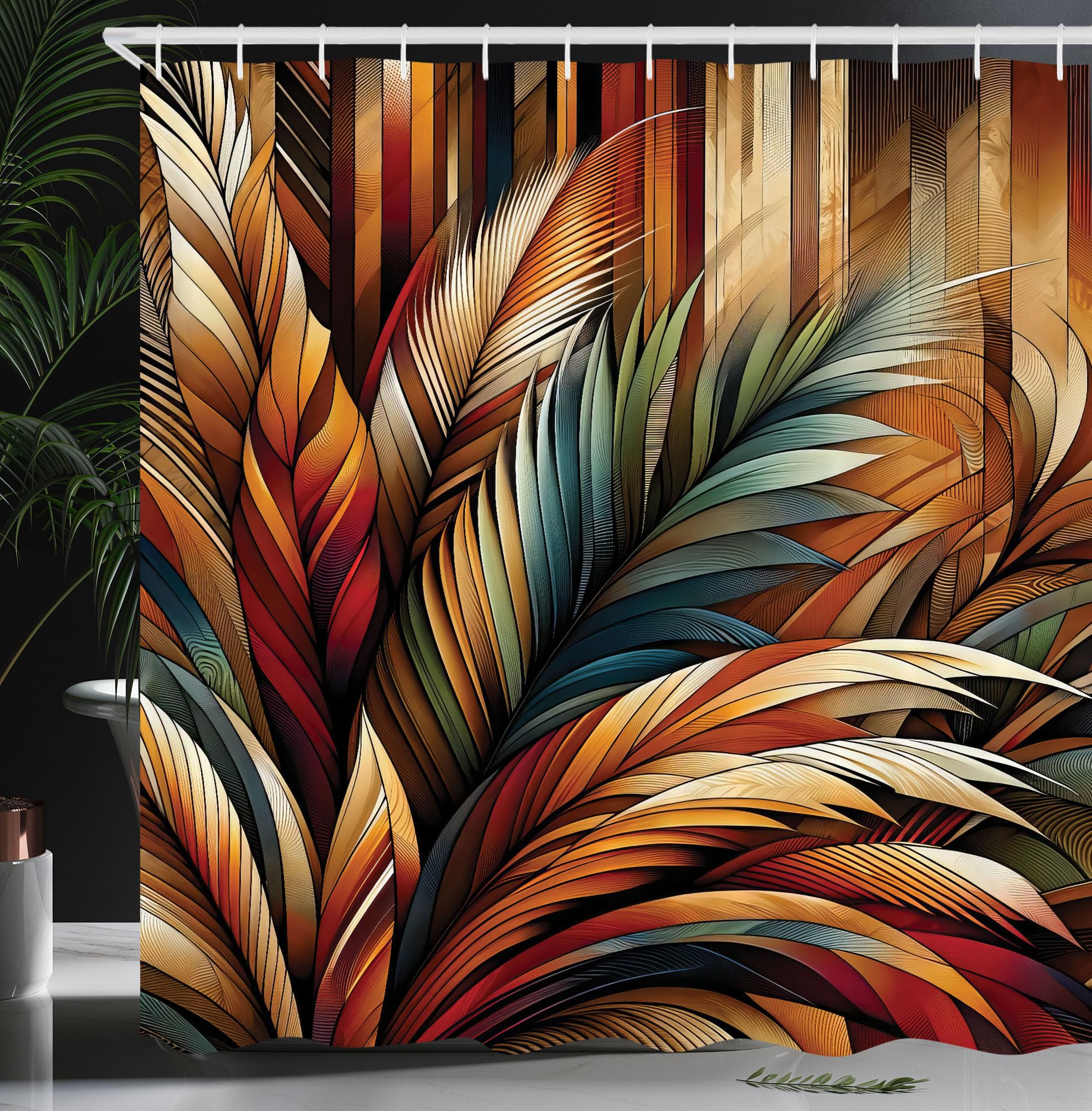 Ambesonne Aesthetic Shower Curtain, Boho Concept In Bold Exotic Leaves In Warm Tones On Rustic Back, Cloth Fabric Bathroom Decor