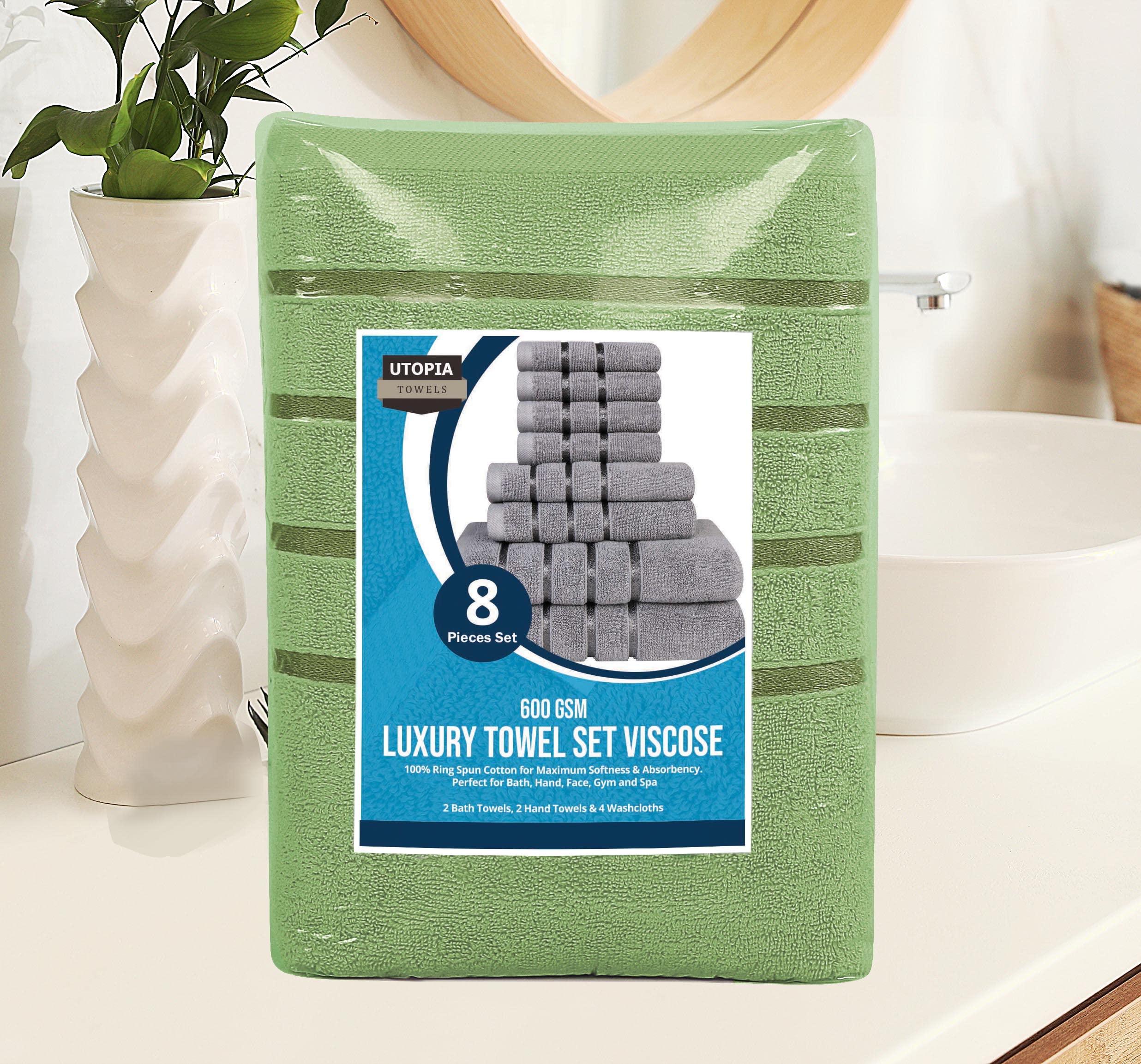 Utopia Towels 8-Piece Luxury Towel Set, 2 Bath Towels, 2 Hand Towels, And 4 Wash Cloths, 600 Gsm 100% Ring Spun Cotton Highly Ab