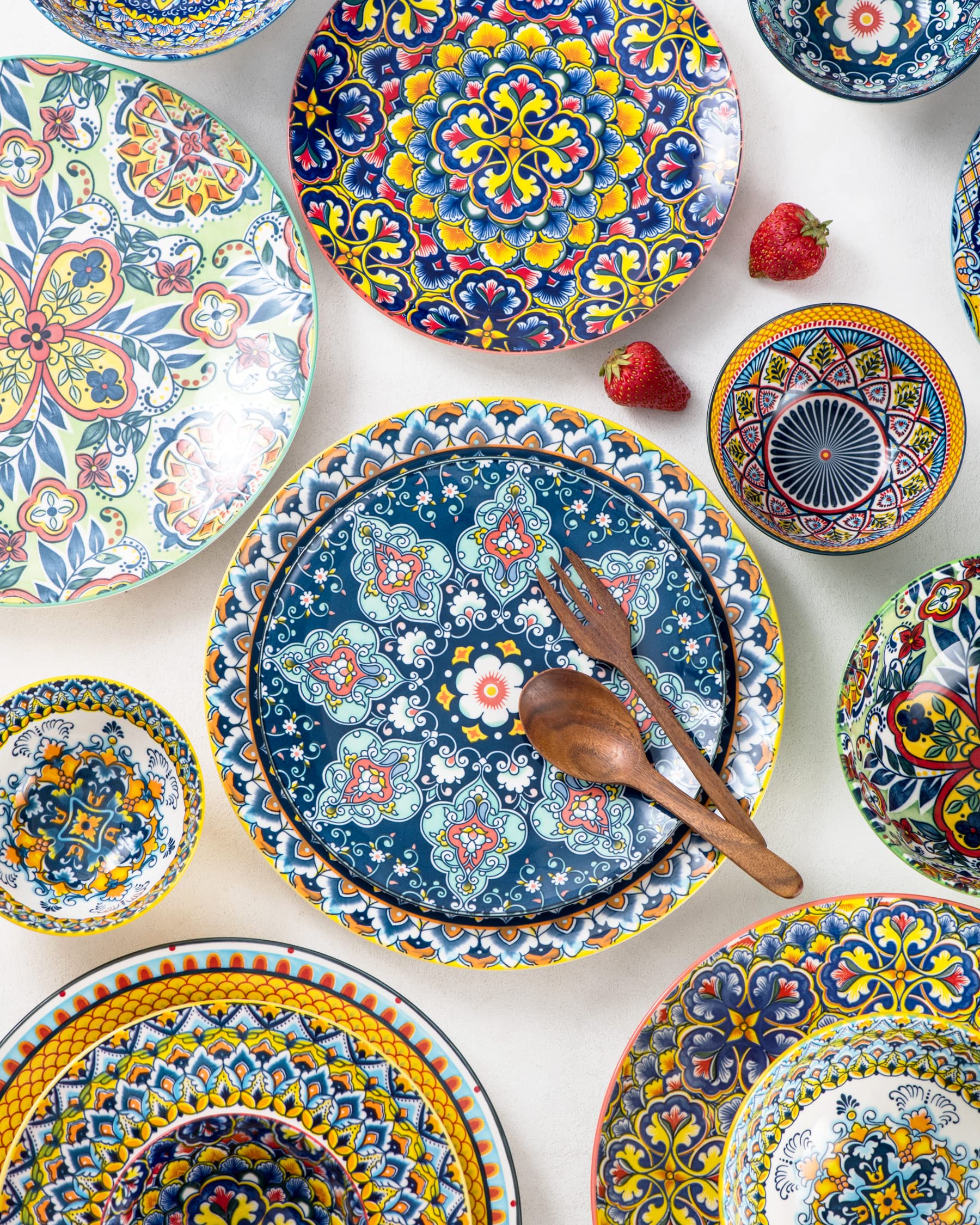 HENXFEN LEAD Ceramic Dinner Plates Set of 6-10.6 Inch Large Dessert  Pasta  Salad Plate  Porcelain Colorful Serving Dishes for Kitchen & Restaurant  Dishware  Microwave & Oven safe - Bohemian Style