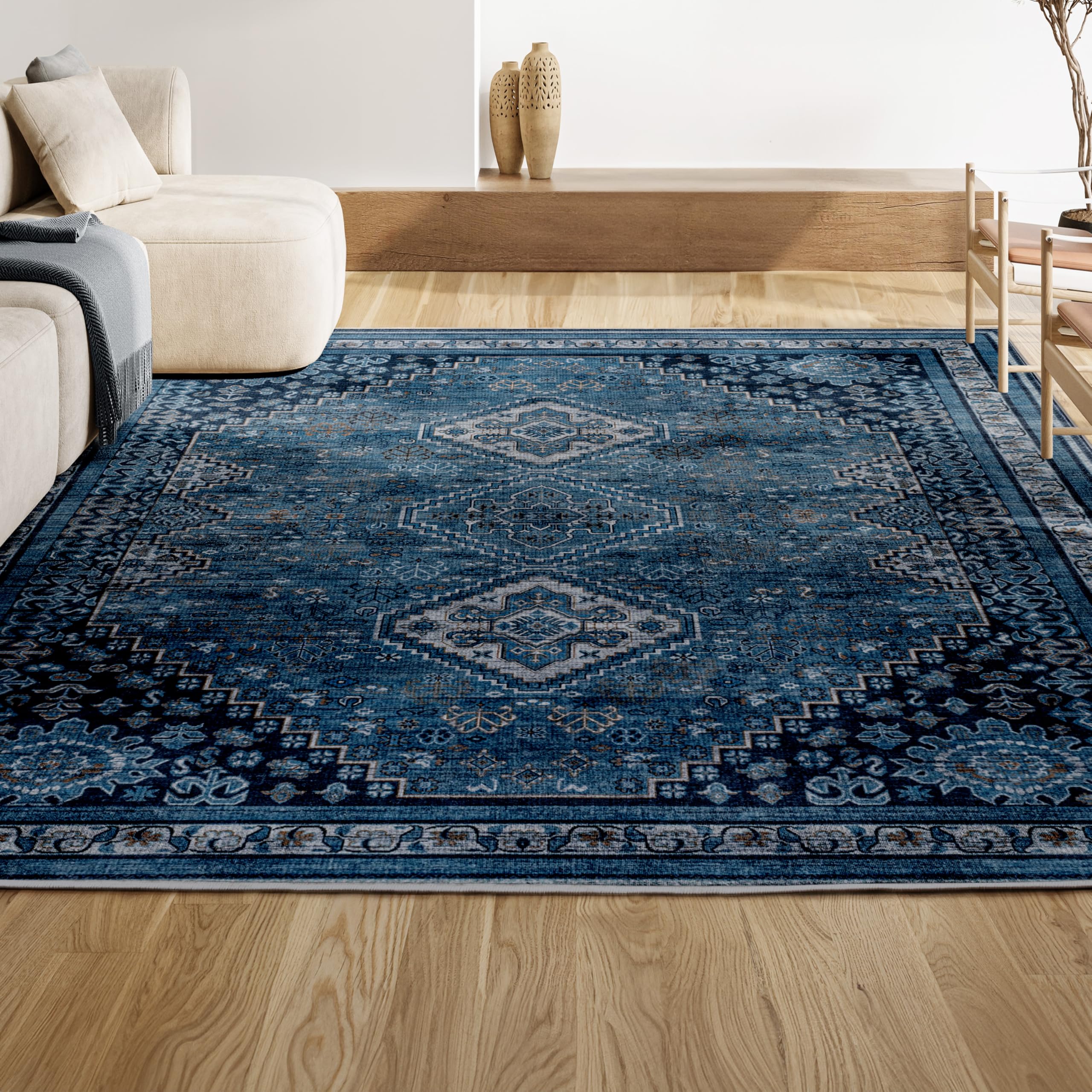 JONATHAN Y WSH101C-4 Dalyan Geometric Medallions Machine-Washable Blue/Gray 4 ft. x 6 ft. Area Rug, Easy to Clean, Non-Shedding 