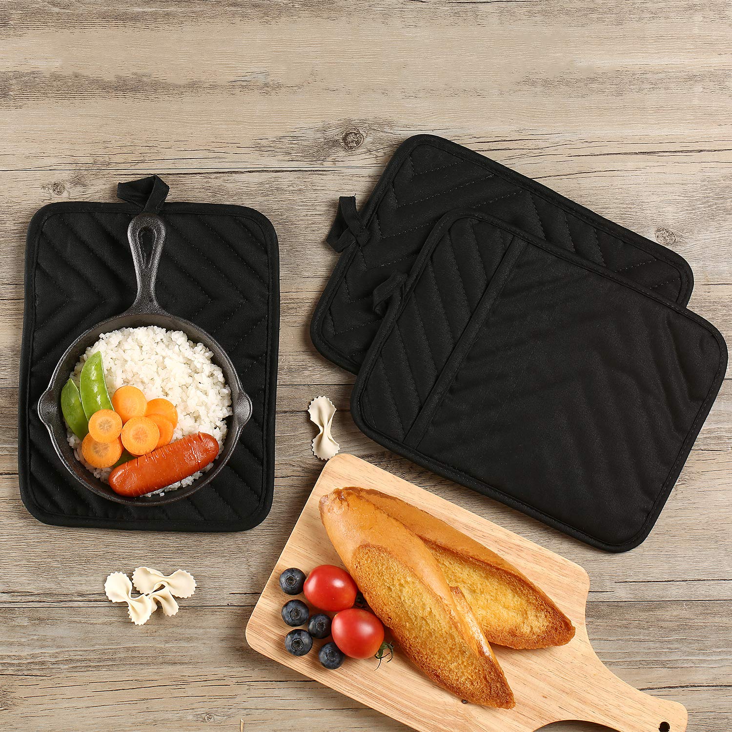 Veikery Cotton Pocket Pot Holders Machine Washable Heat Resistant Hot Pads For Kitchen And Baking Square Black Oven Mitts 7''X9'