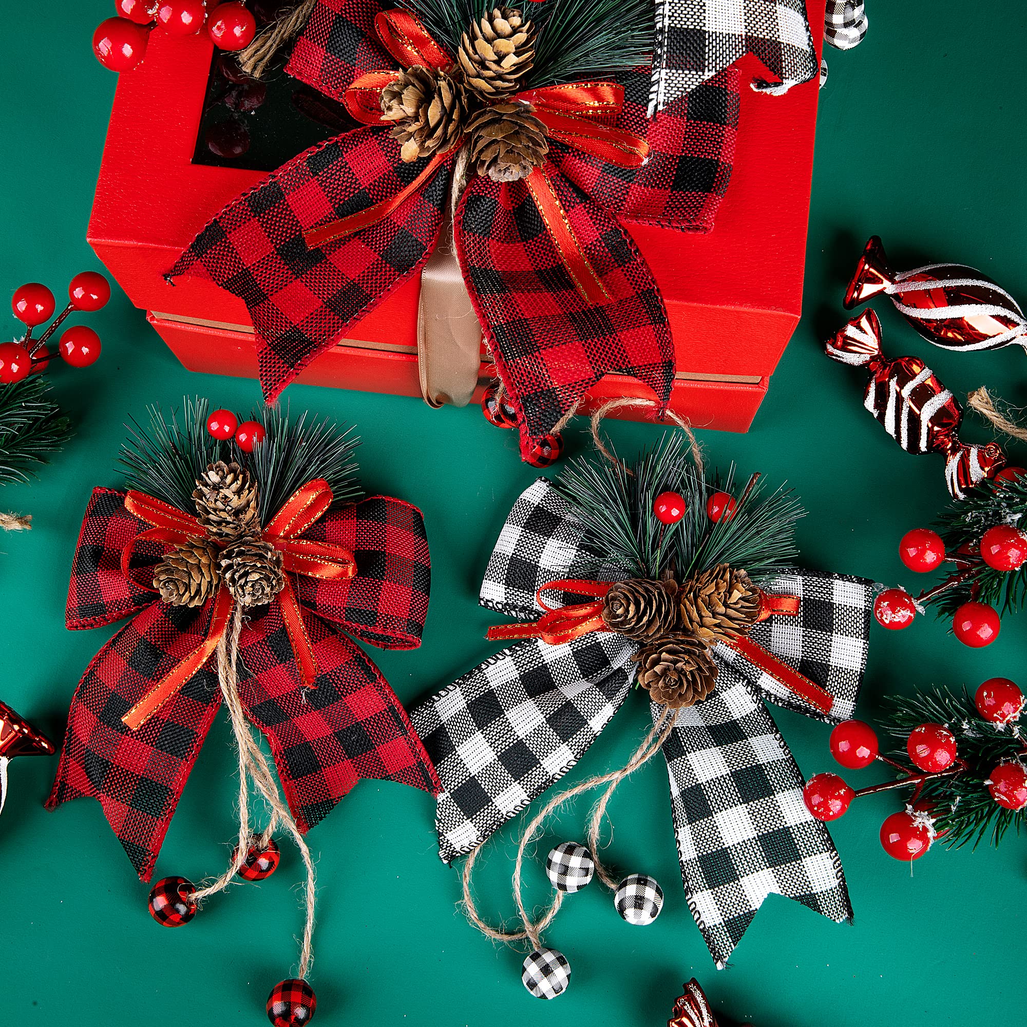 6 Pcs Christmas Burlap Plaid Bows with Pine Cones Pine Needles, Large Christmas Decoration Buffalo Plaid Bows, Xmas Wreath Bow B