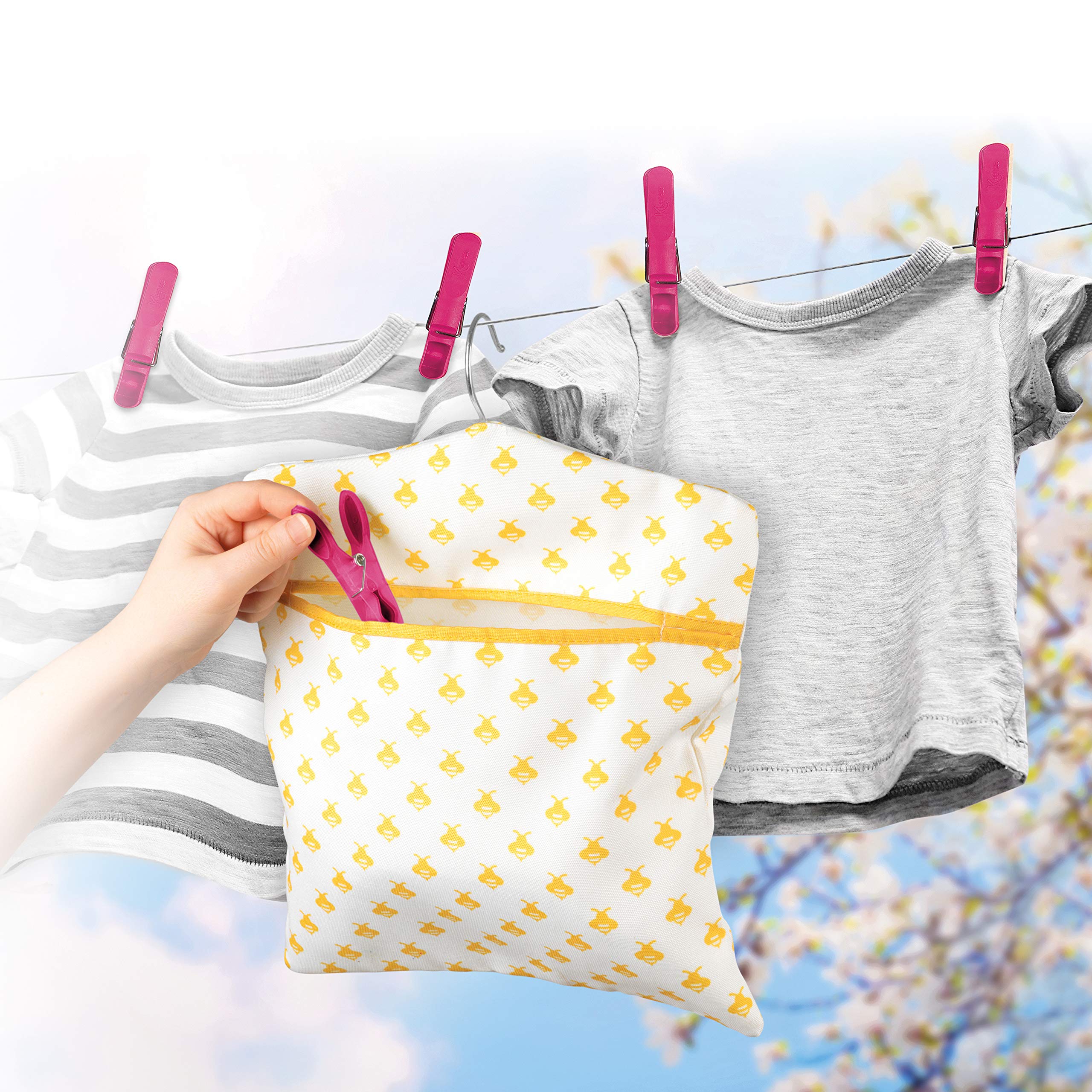 Kleeneze Kl081575Eu7 Busy Bee Hang On The Line Peg Bag, Easy Hanging Hook, Holds Up To 50 Pegs, 33 X 30Cm, Yellow/White
