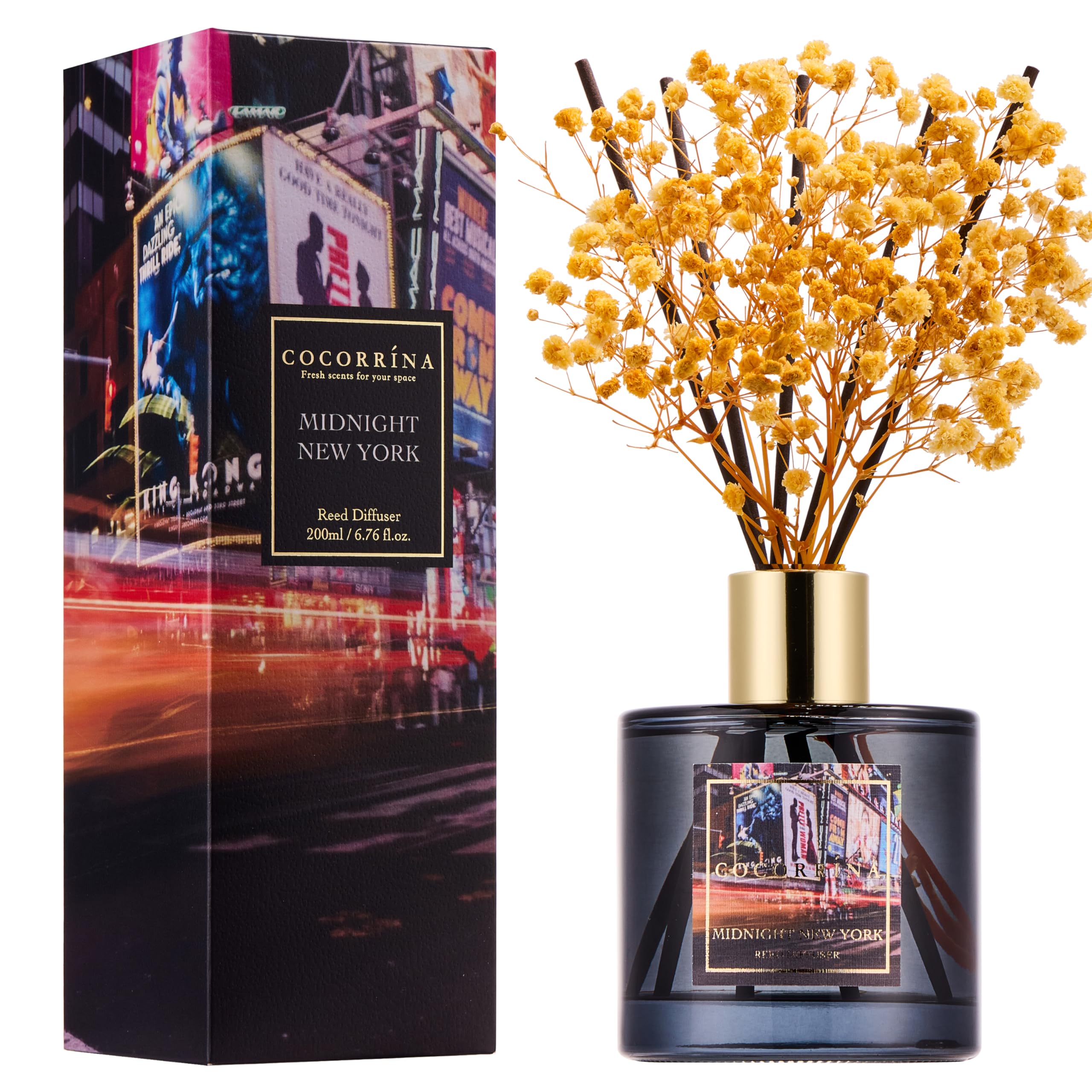 COCORR  NA Reed Diffuser - Midnight New York 6.7 Fl.oz Reed Diffuser Set with 8 Sticks & Preserved Babys Breath, Reed Diffuser 