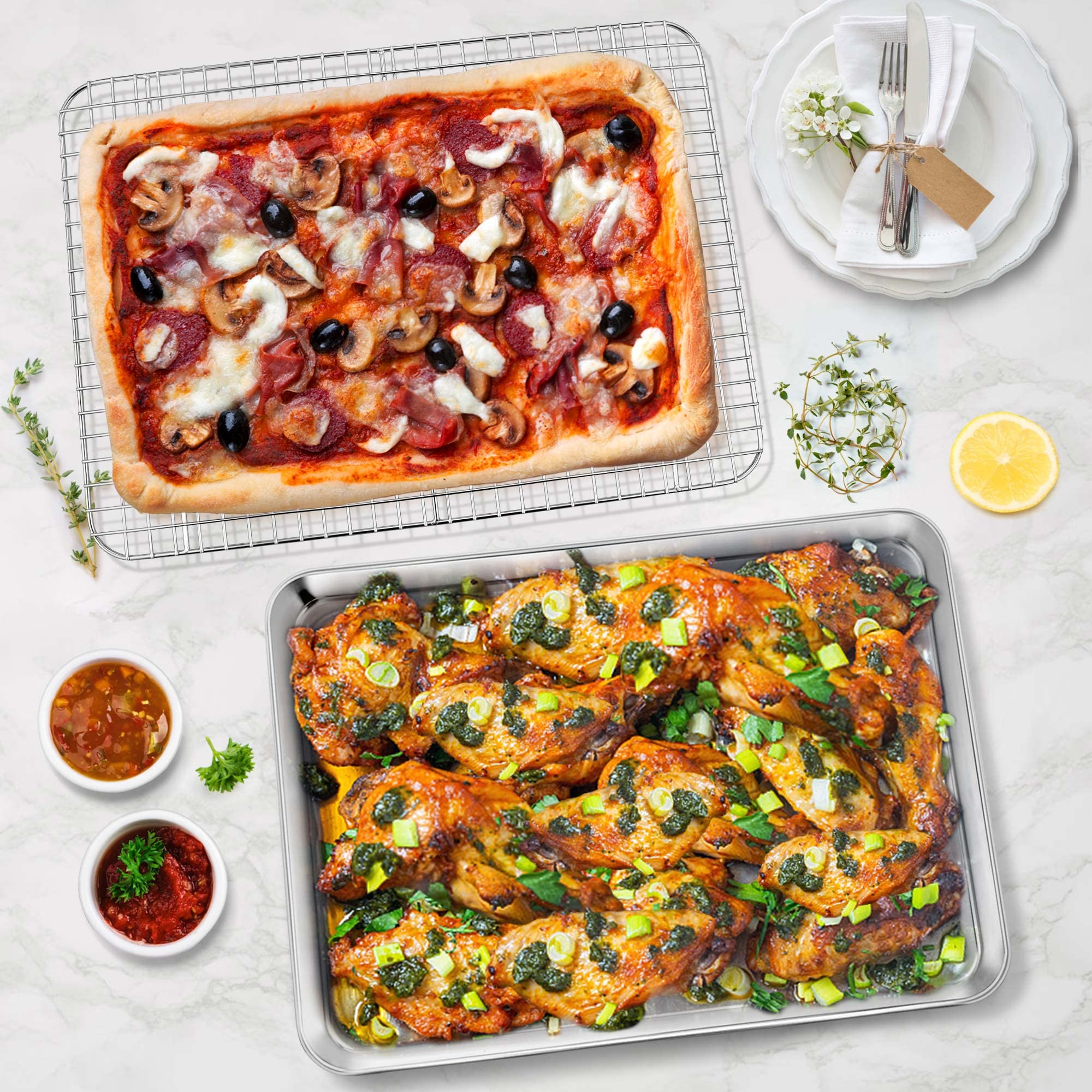 16 Inch Baking Sheet And Rack Set, P&P Chef Stainless Steel Baking Cookie Sheet Pan With Grid Rack For Cooking/Roasting/Cooling,
