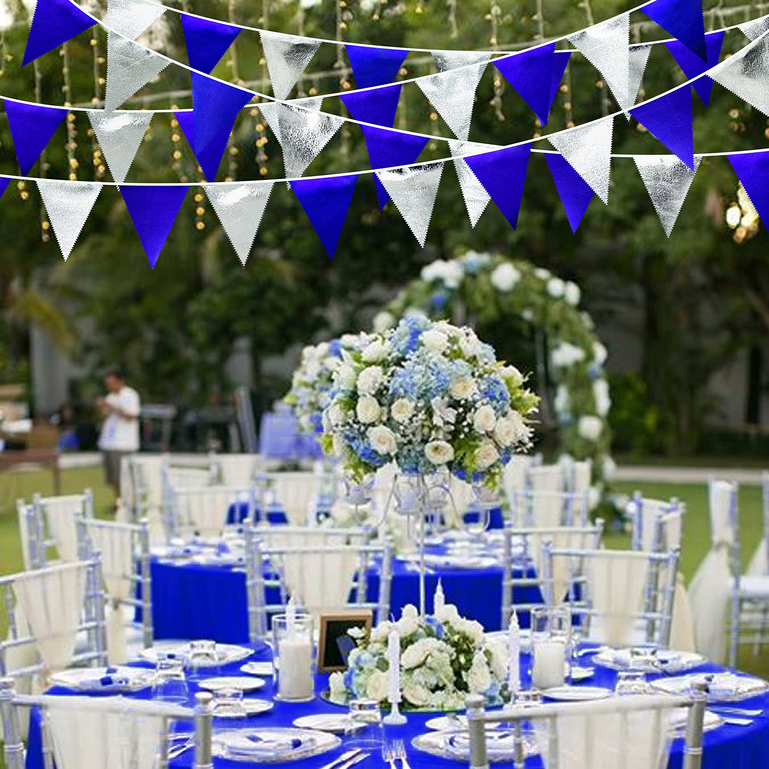 Royal Blue Silver Party Decorations Navy Blue Triangle Pennant Banner Flag Metallic Fabric Bunting Garland For Birthday Graduati