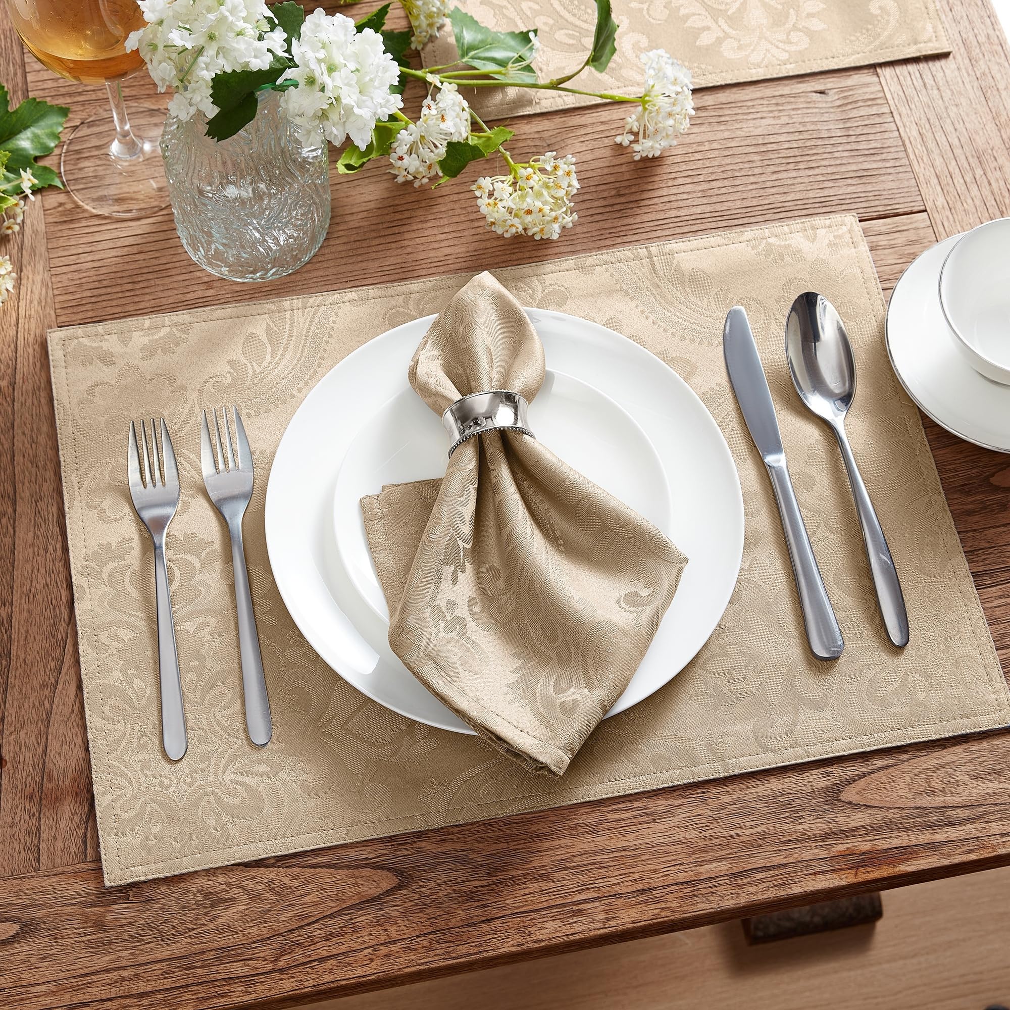 Elrene Home Fashions Caiden Elegance Damask Fabric Napkins (Set Of 4), 17'' X 17'', Taupe 4 Count