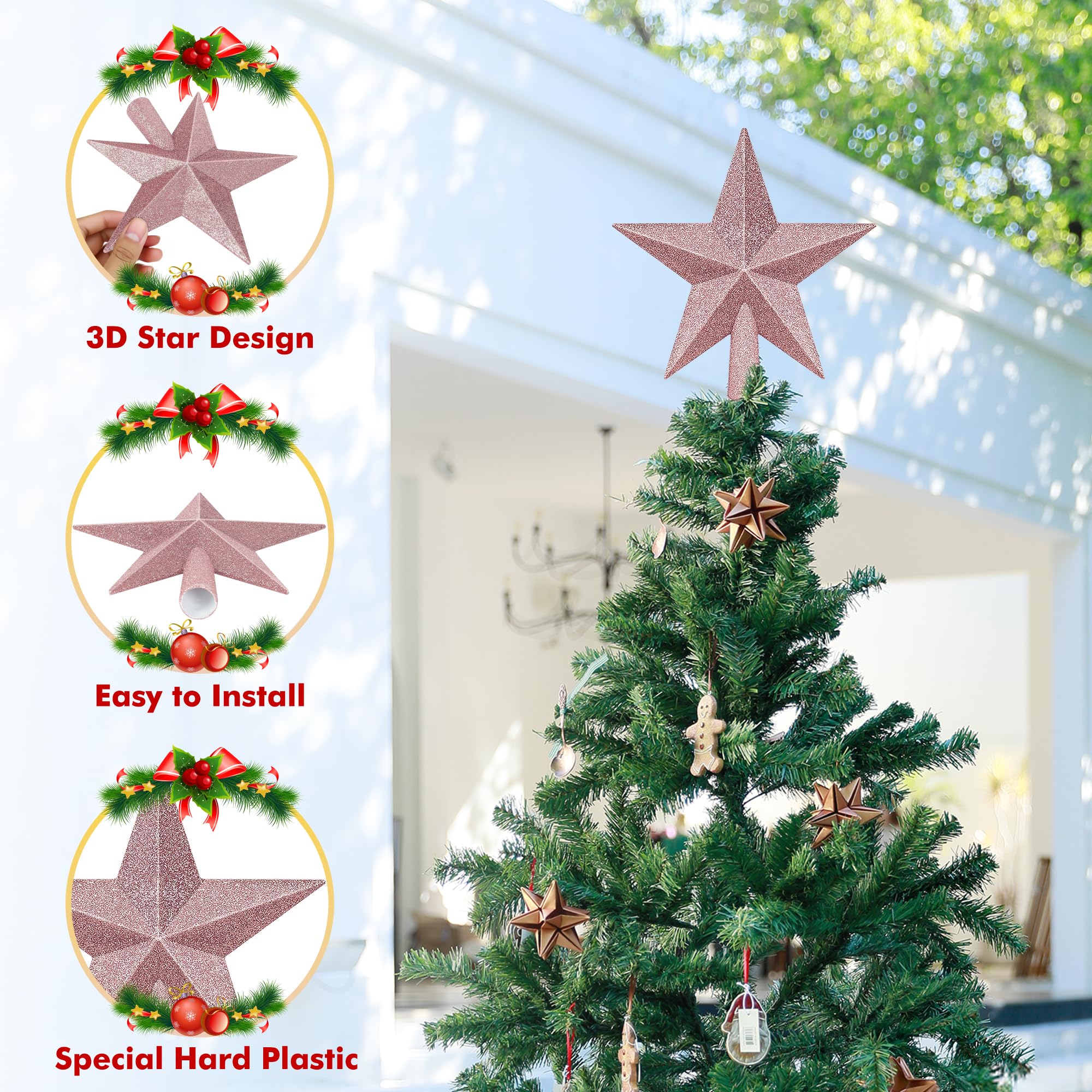 Tree Topper Star, 8 Rose Gold Christmas Star Tree Topper Accessories, Xmas Glitter 3D Bethlehem Tree Topper Ornament, Waterproof