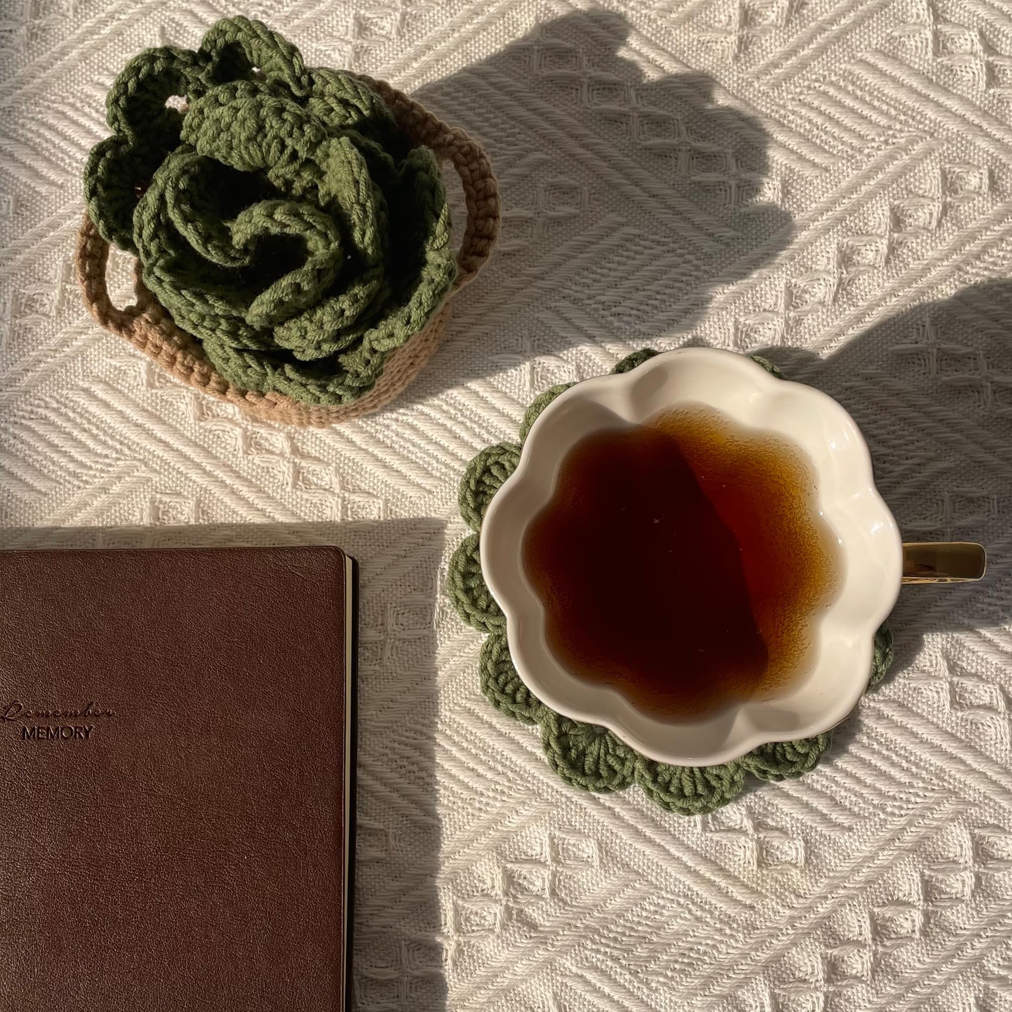 Dicha Crochet Leaf Pot Coasters-Container Beverage Coaster Sets With Holder Bar Coasters For Drinks Coffee Table Desk-Succulent