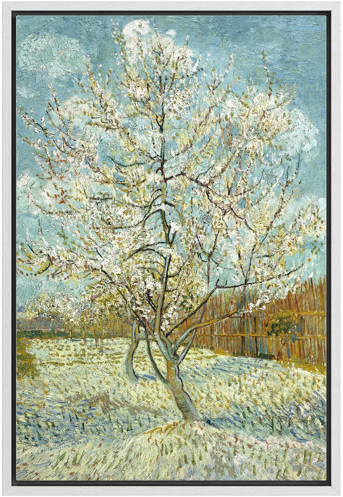 Wall26 The Pink Peach Tree By Vincent Van Gogh - Framed Canvas Print Wall Art Famous Oil Painting Reproduction - 16''X24'' White